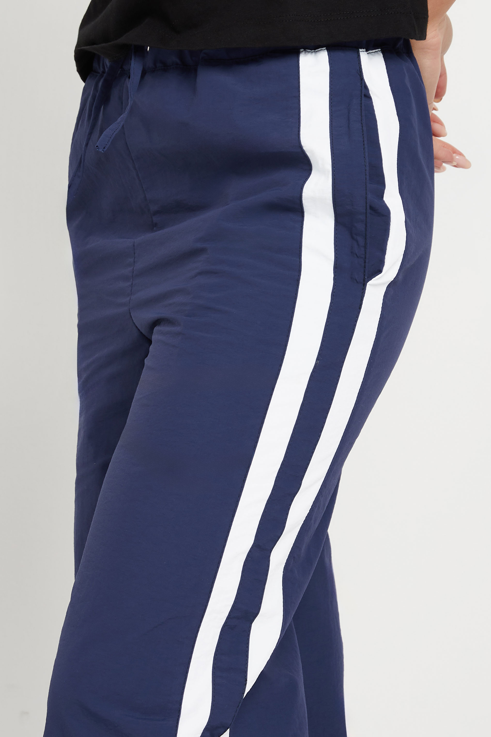 PixieGirl Petite Women's Navy Blue Side Stripe Parachute Wide Leg Trousers | PixieGirl 5