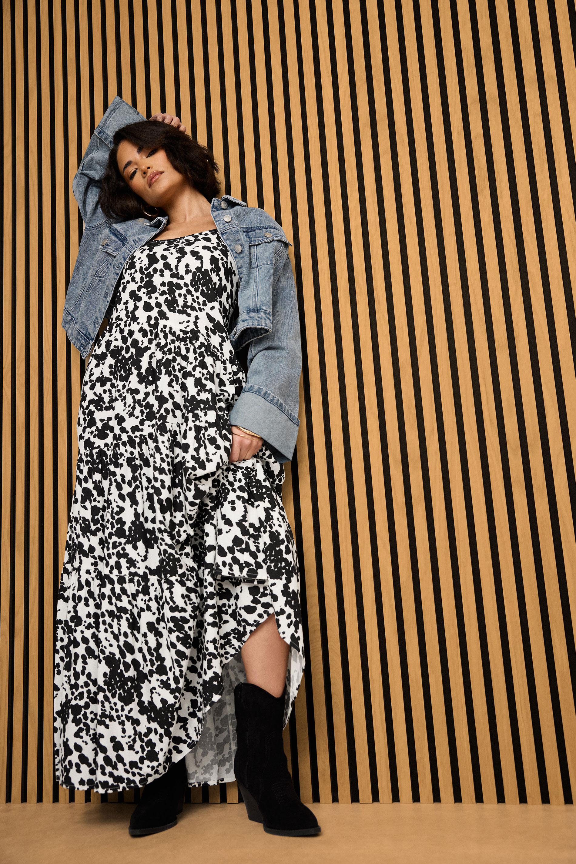 PixieGirl Petite Women's Black & White Cow Print Asymmetric Tiered Dress | PixieGirl 7