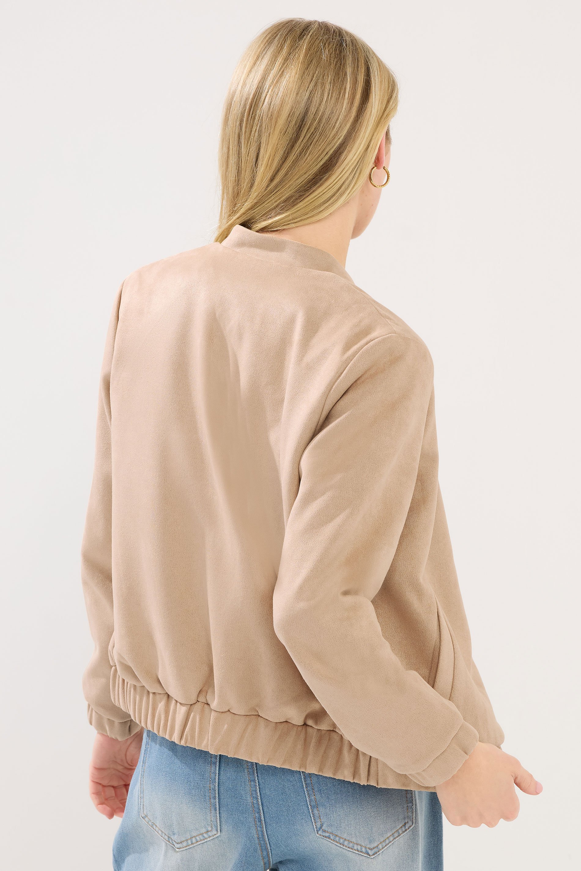 PixieGirl Petite Women's Natural Brown Faux Suede Bomber Jacket | PixieGirl 3