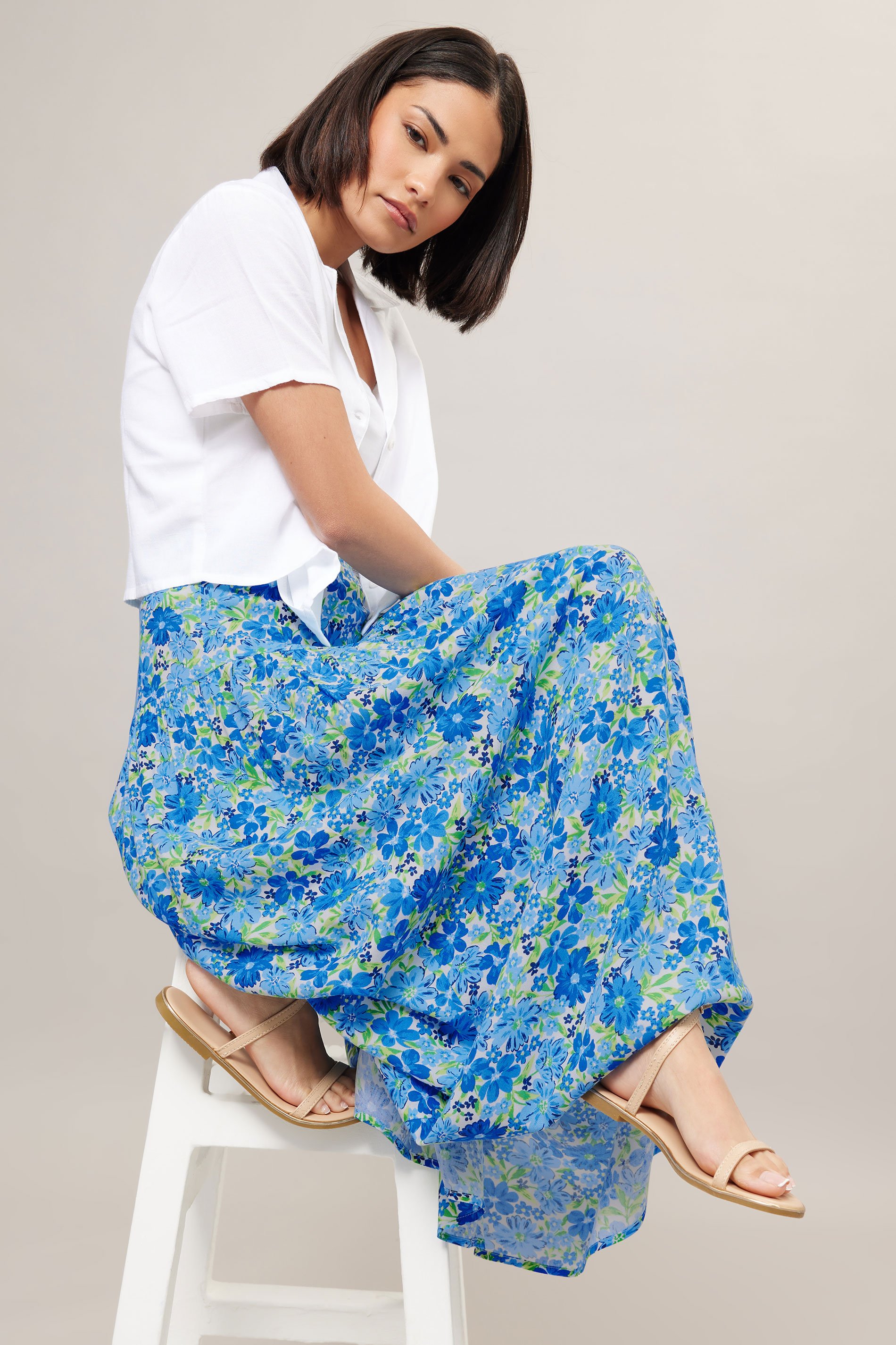 PixieGirl Petite Women's Blue Floral Print Low Yoke Maxi Skirt | PixieGirl 5