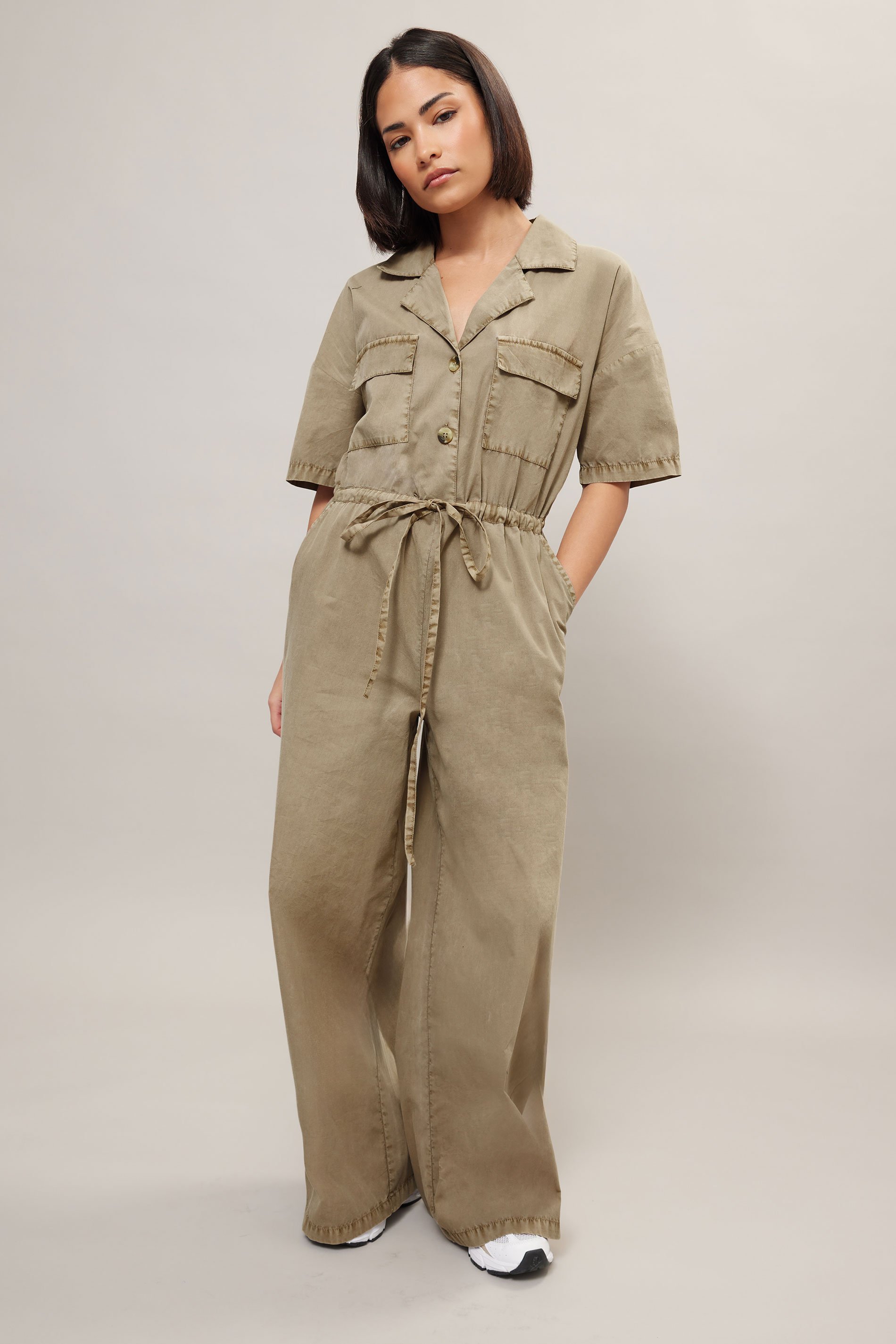 PixieGirl Petite Women's Brown Tie Waist Wide Leg Jumpsuit | PixieGirl 1