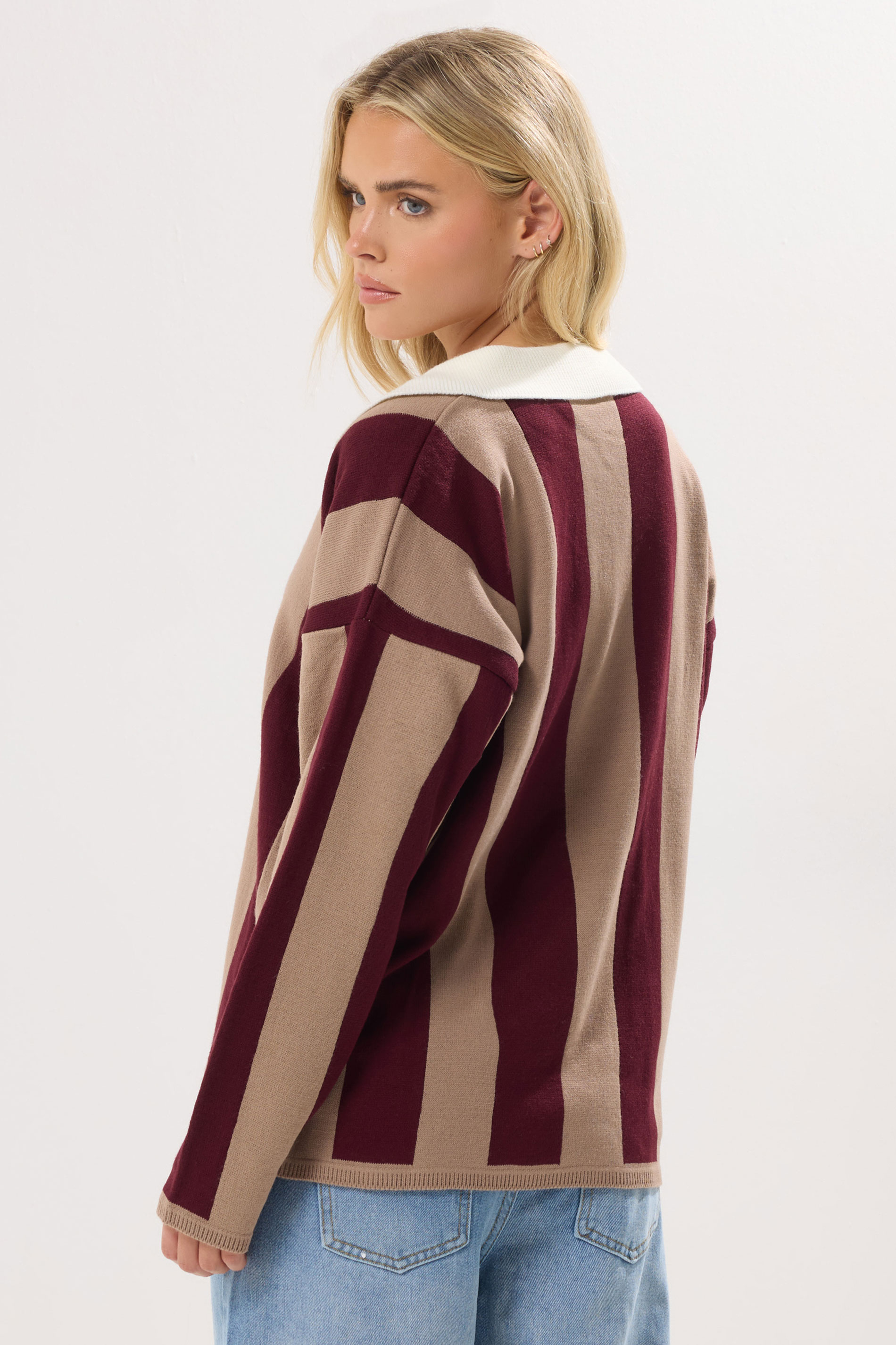 PixieGirl Petite Women's Dark Red Knitted Stripe Collar Jumper | PixieGirl 3