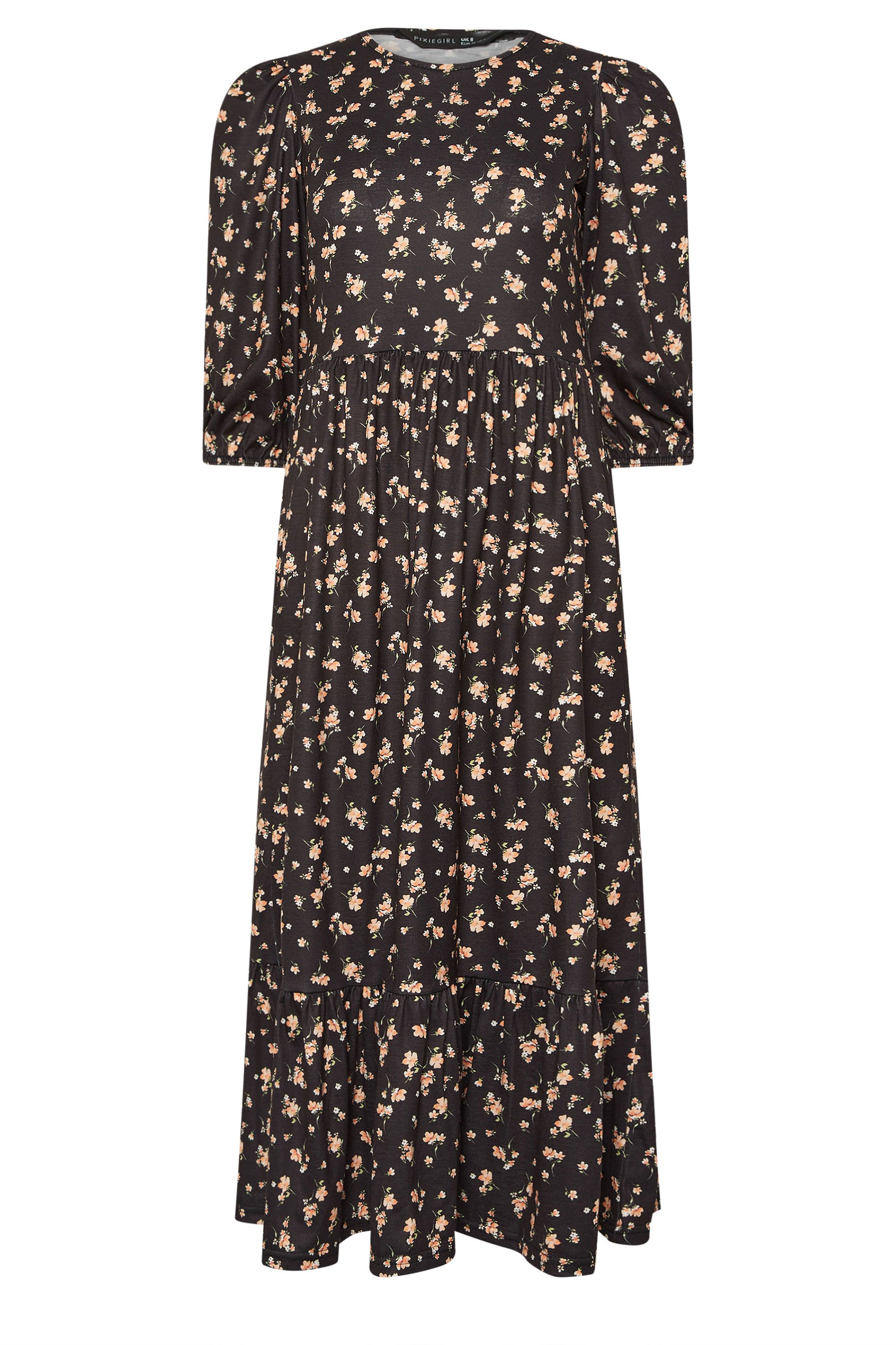 PixieGirl Petite Women's Black Ditsy Tiered Hemline Dress | PixieGirl 5