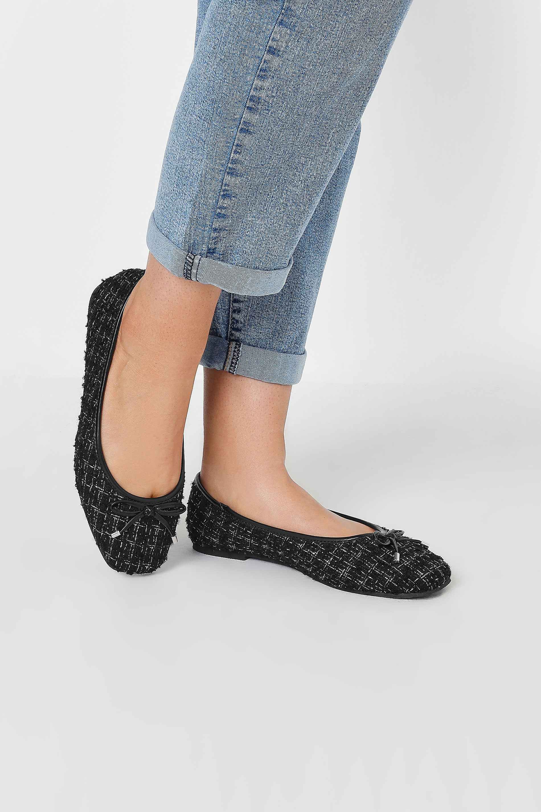 Black Boucle Ballerina Pumps In Extra Wide EEE Fit | Yours Clothing 2