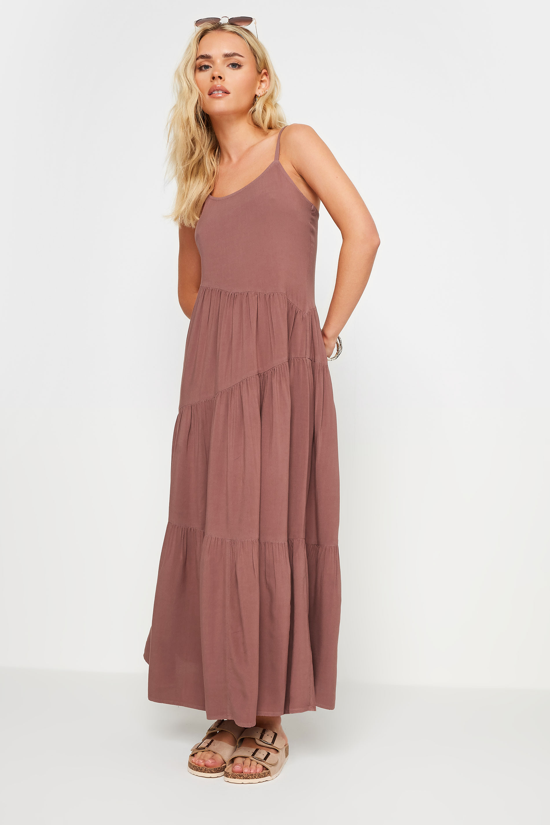 PixieGirl Petite Women's Brown Asymmetric Tiered Maxi Dress | PixieGirl 2