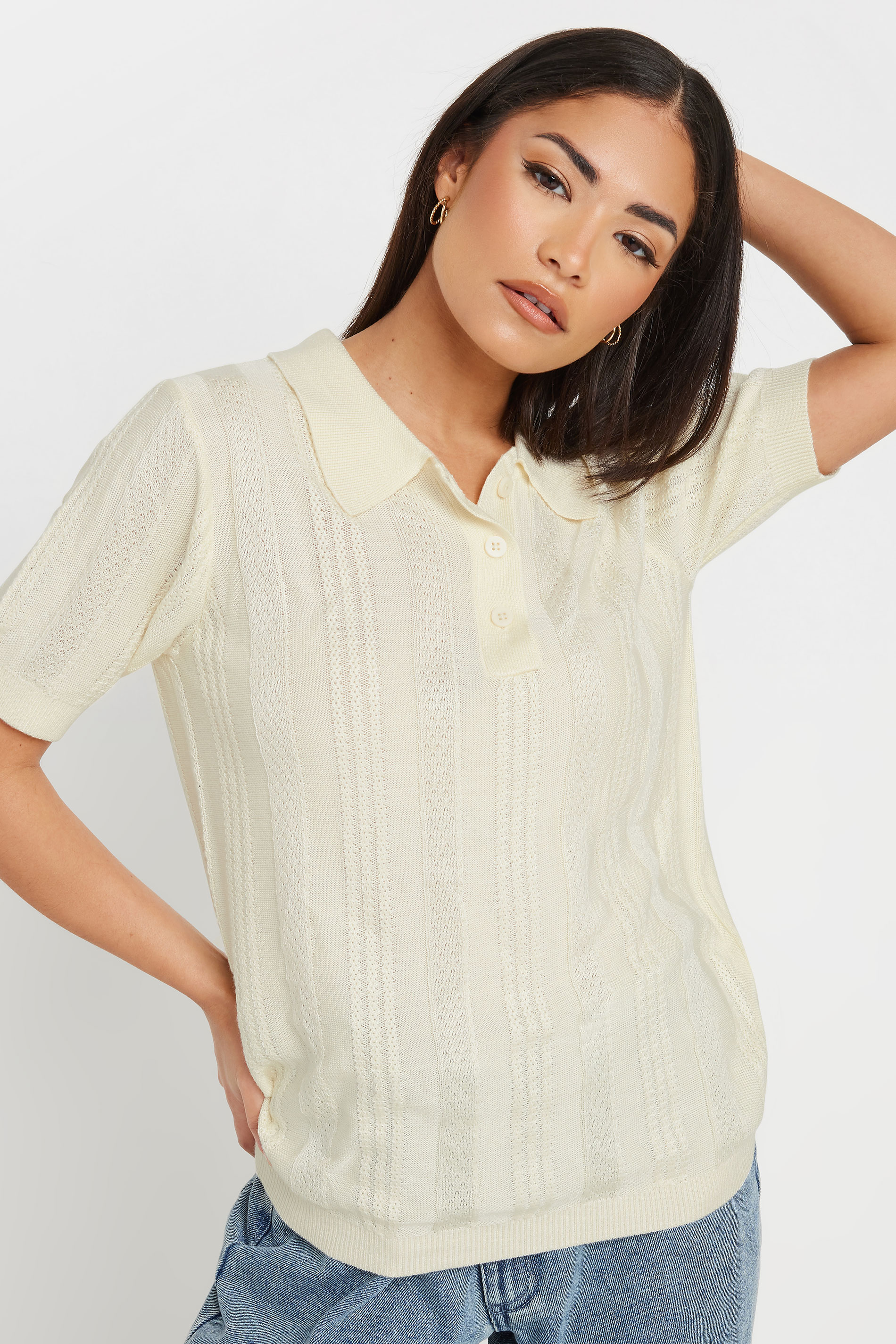 PixieGirl Petite Women's Ivory White Pointelle Knit Polo Top | PixieGirl 3