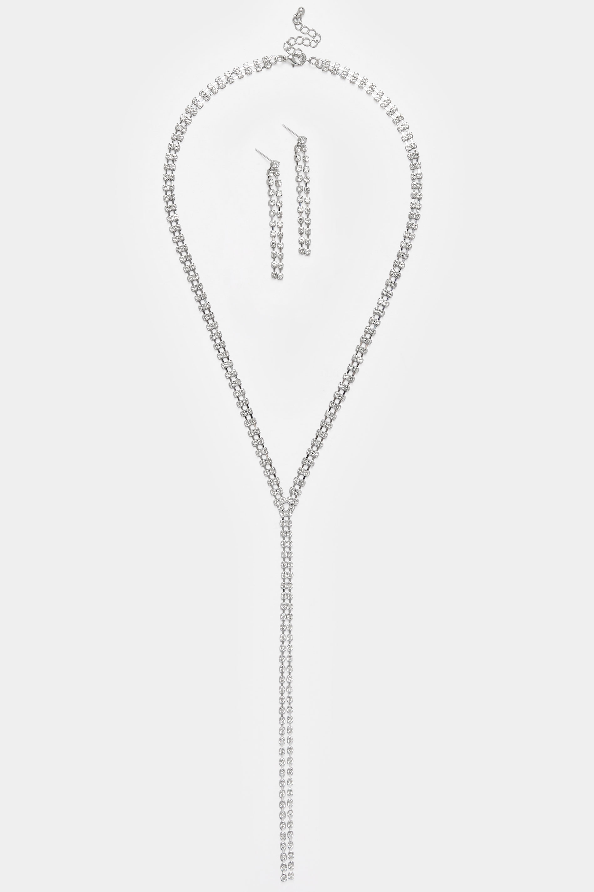 Silver Tone Diamante Long Necklace & Earrings Set | Yours Clothing 2