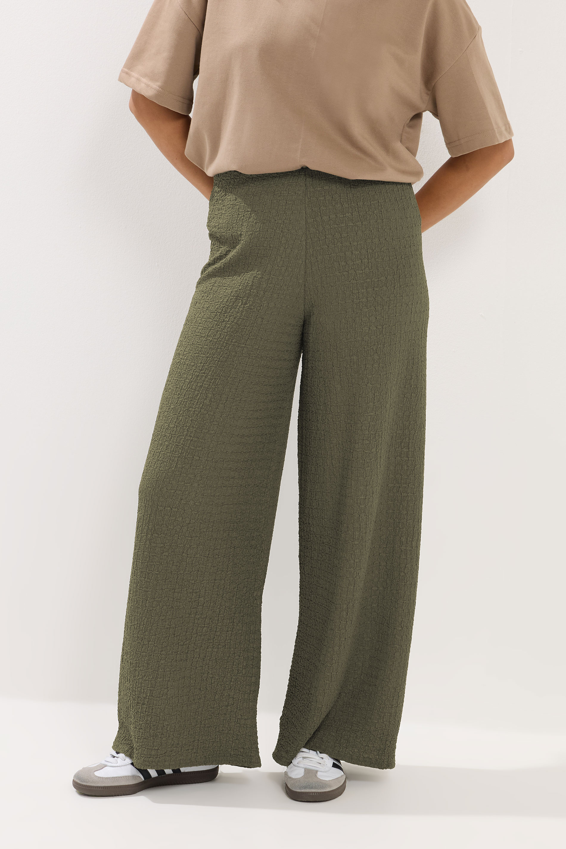 PixieGirl Petite Women's Khaki Green Textured Wide Leg Trousers | PixieGirl 1