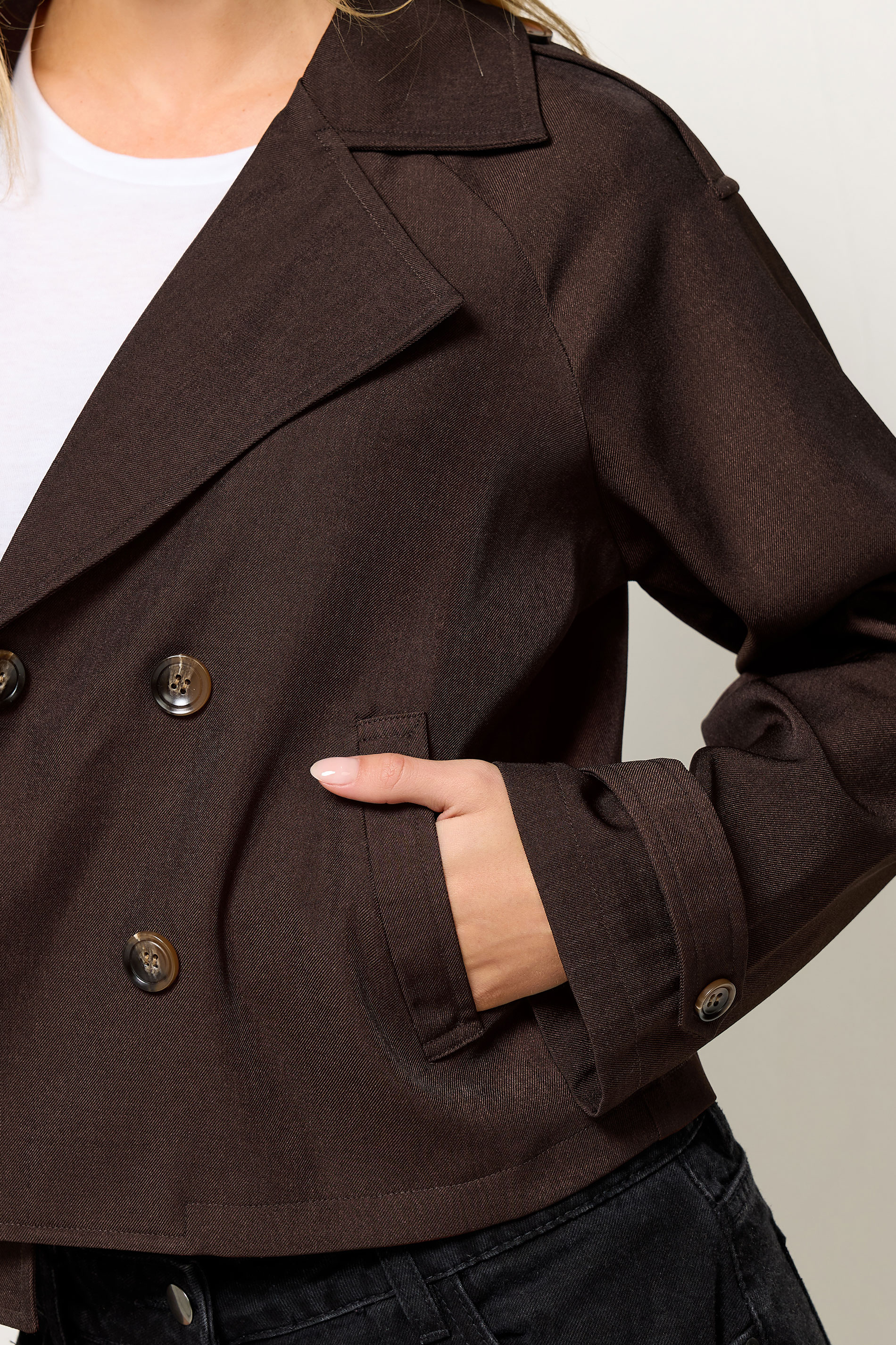 PixieGirl Petite Women's Chocolate Brown Cropped Trench Duster Coat | PixieGirl 4