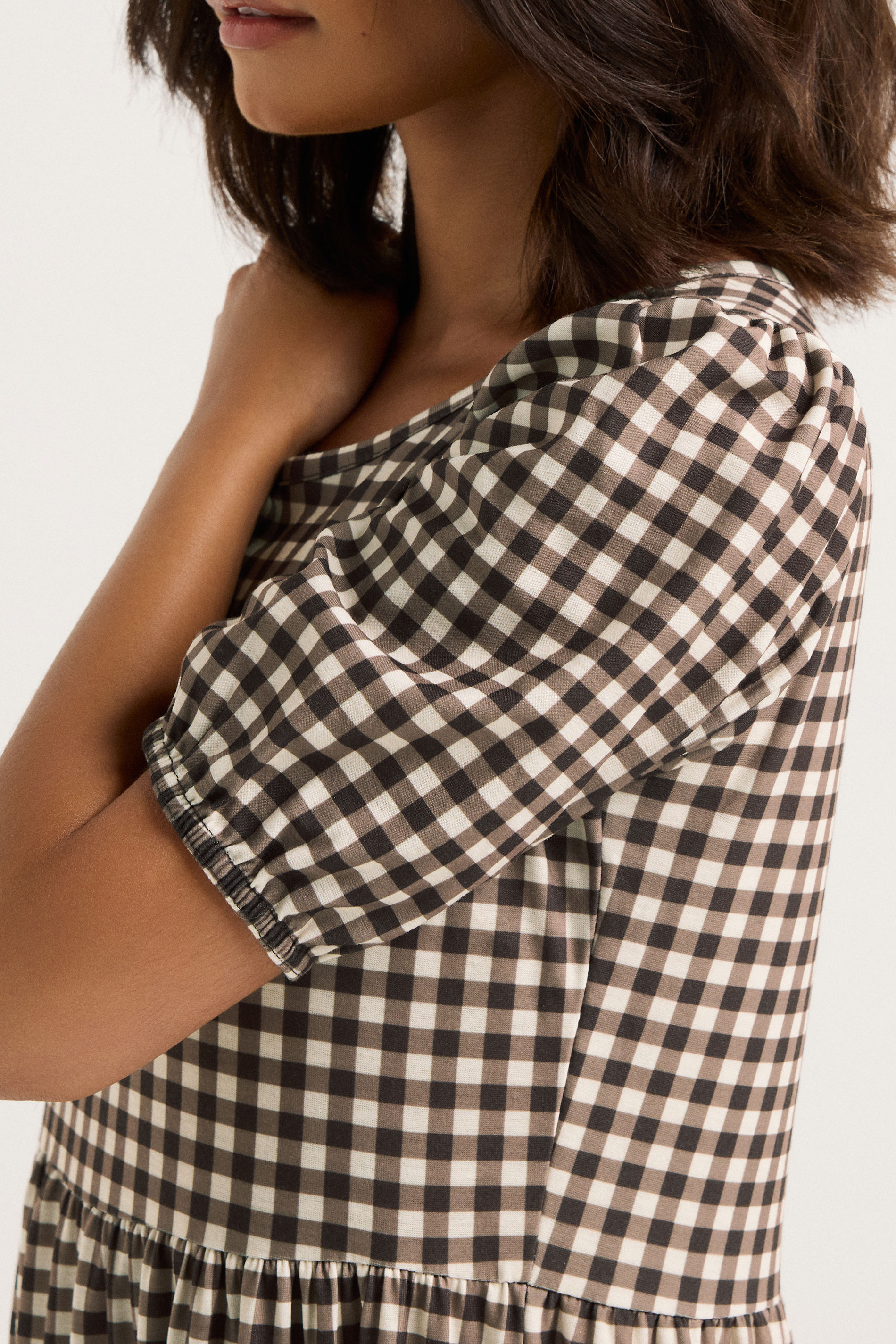 PixieGirl Petite Women's Brown Gingham Tiered Maxi Dress | PixieGirl 4
