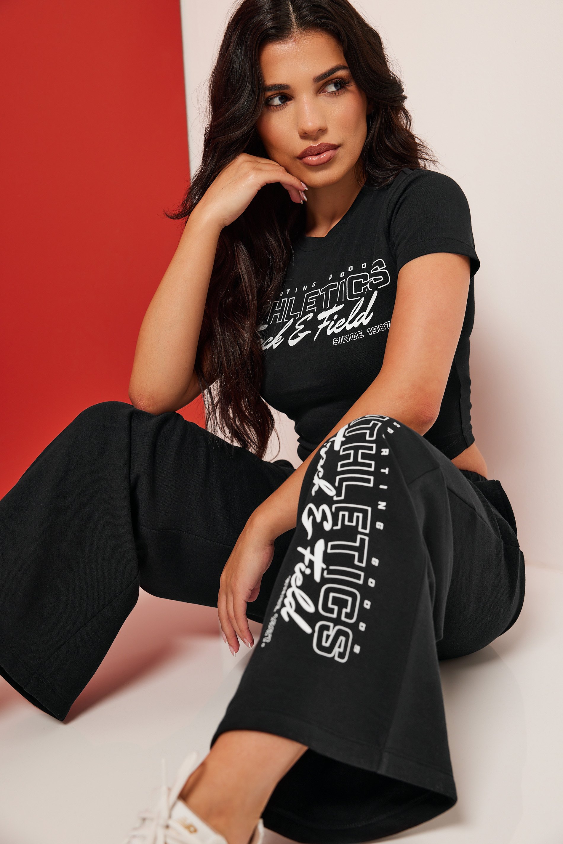 PixieGirl Petite Women's Black Athletics Slogan Crop Top | PixieGirl 1