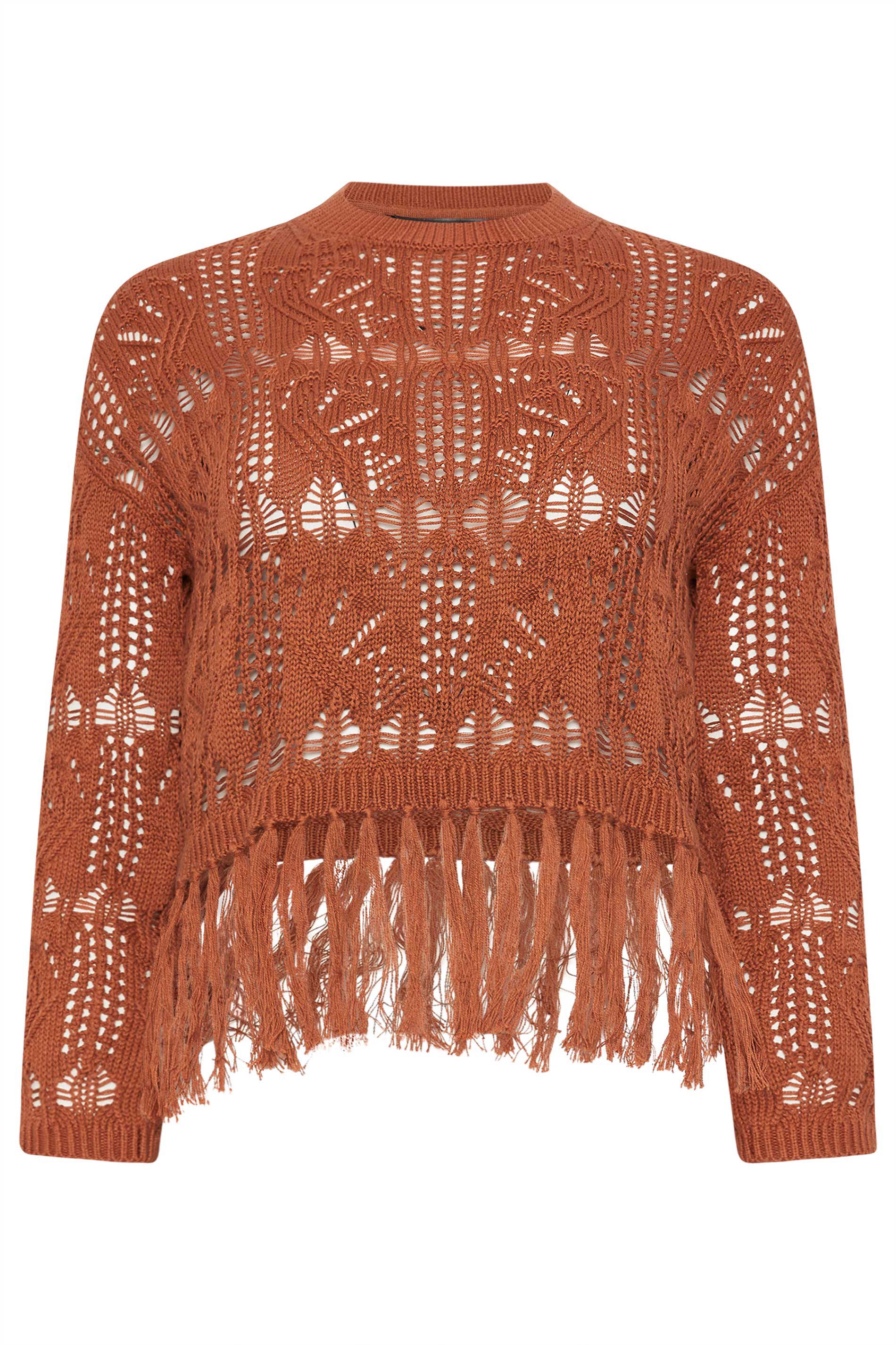 PixieGirl Petite Womens Rust Orange Crochet Tassel Jumper | PixieGirl 5