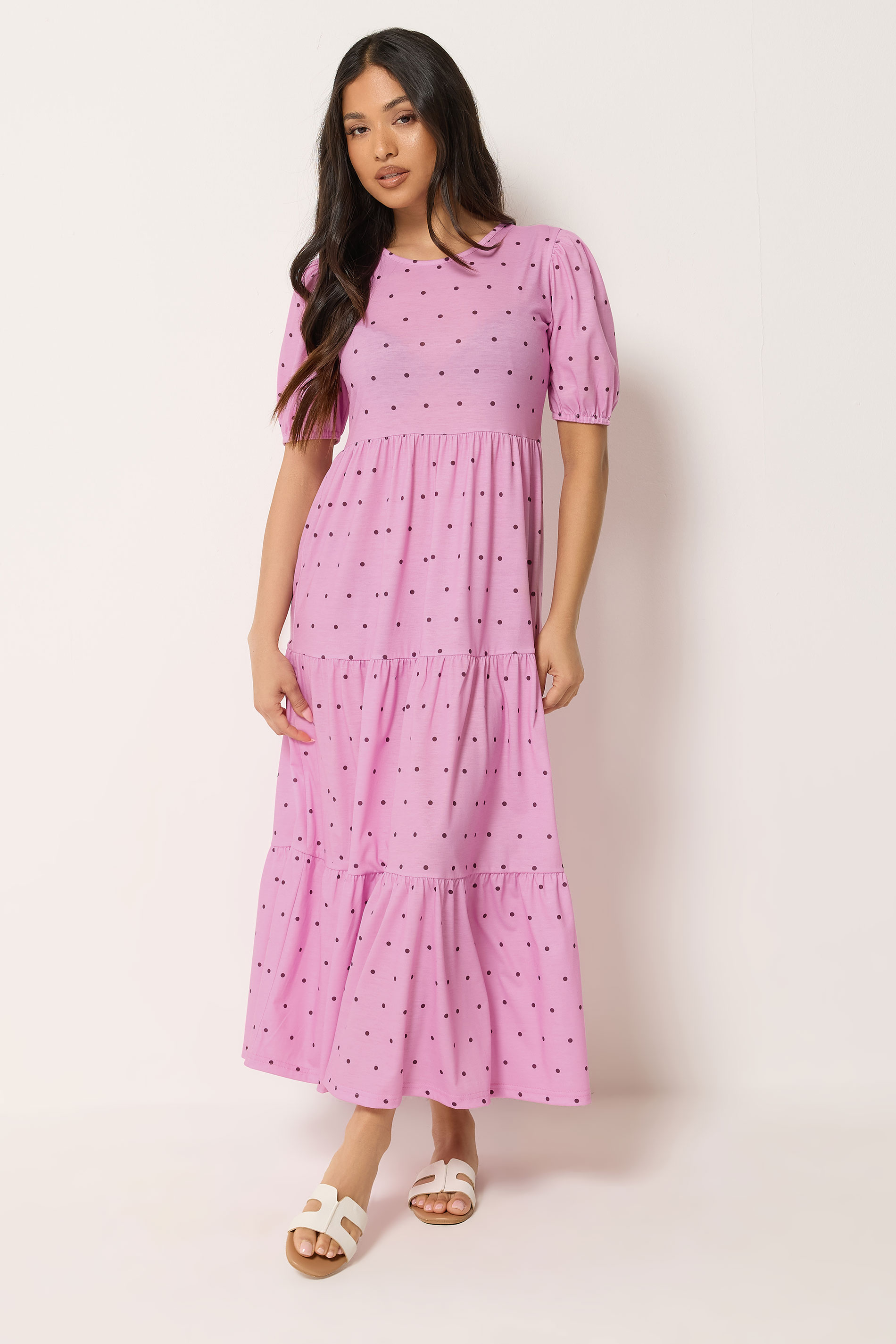 Pixiegirl Women's Pink Petite Polka Dot Tiered Maxi Dress Size 12