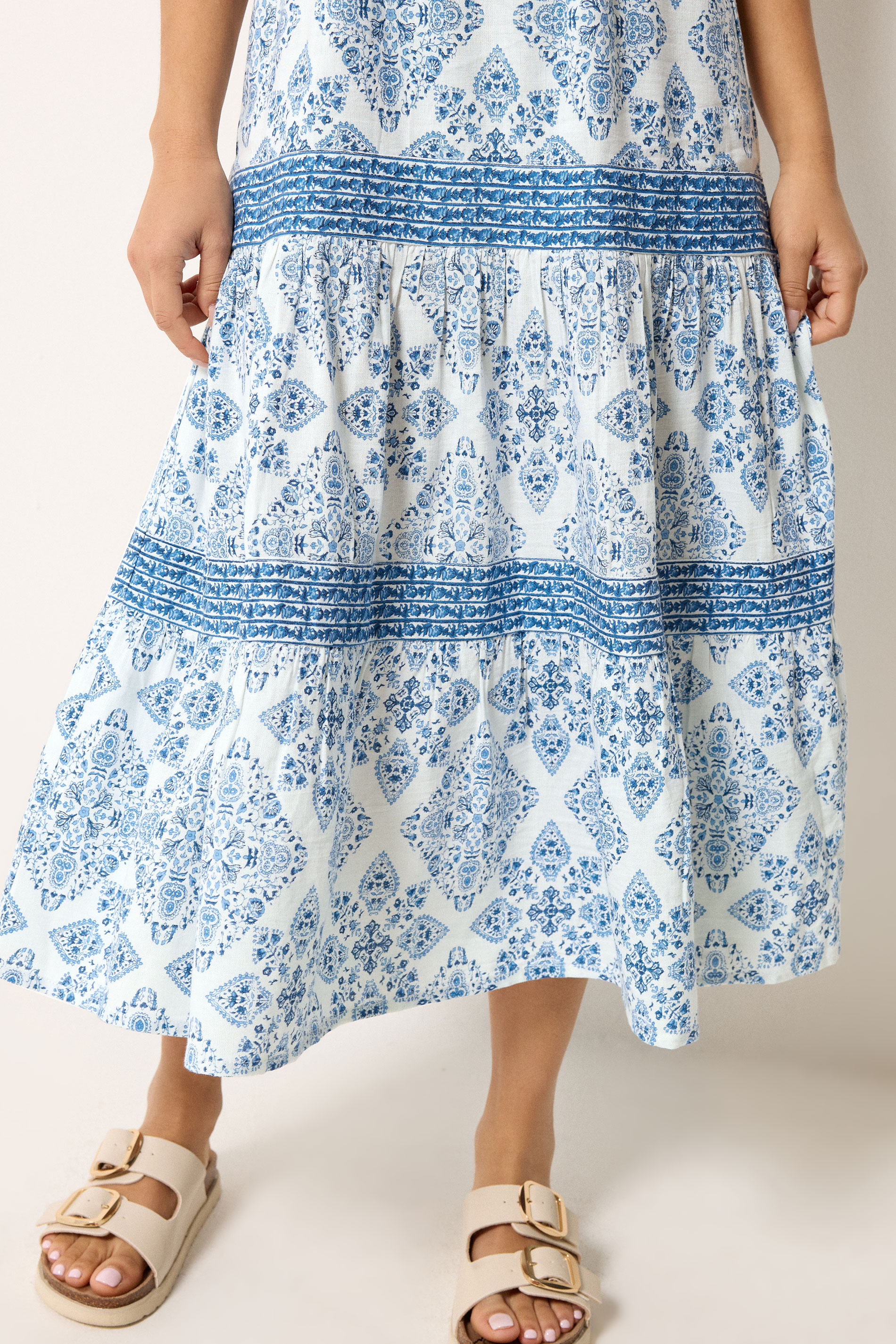 M&Co Petite Light Blue Tile Print Tiered Midi Dress | M&Co 4
