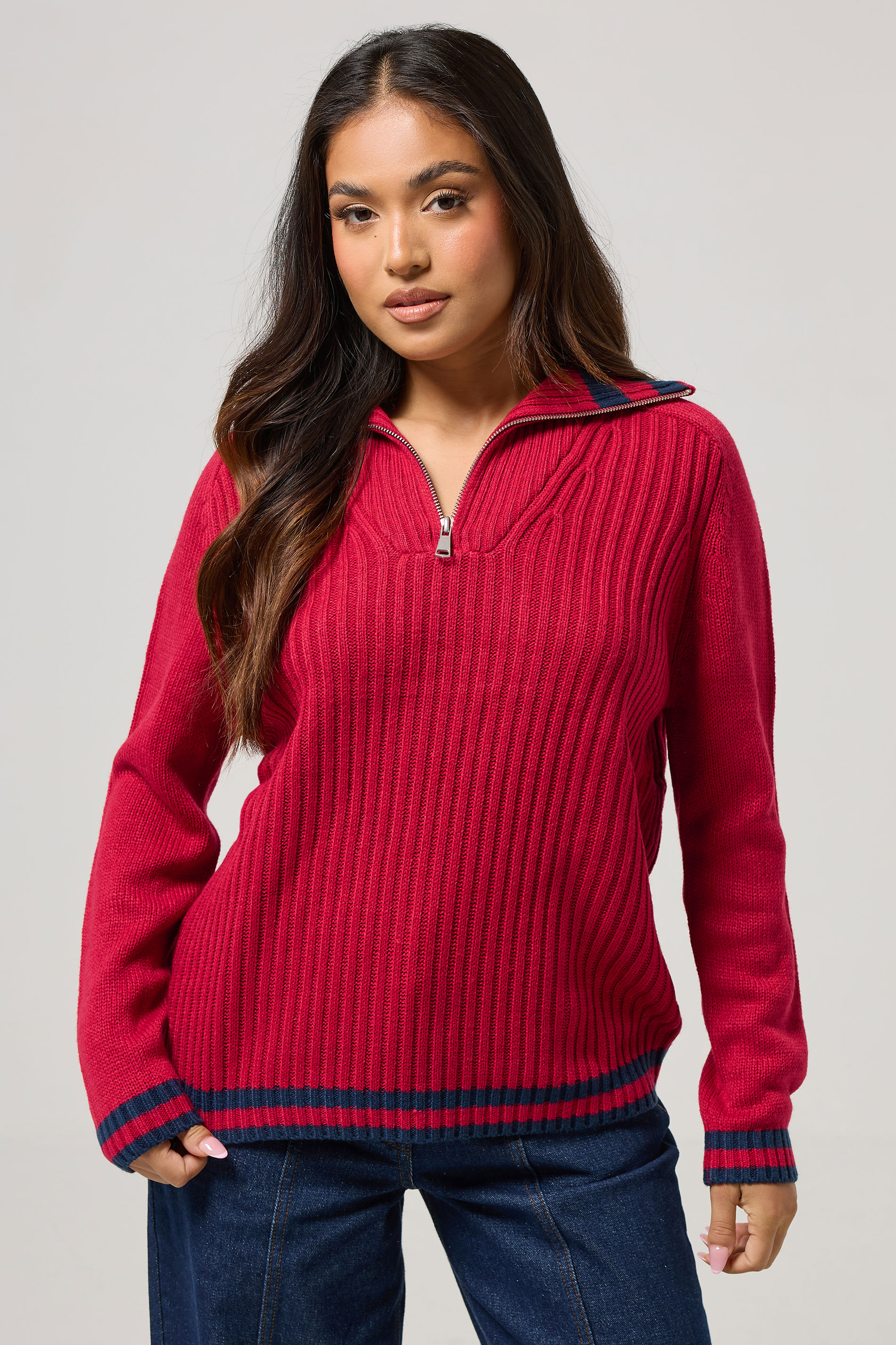 PixieGirl Petite Women's Red Knitted Stripe Quarter Zip Jumper | PixieGirl 2