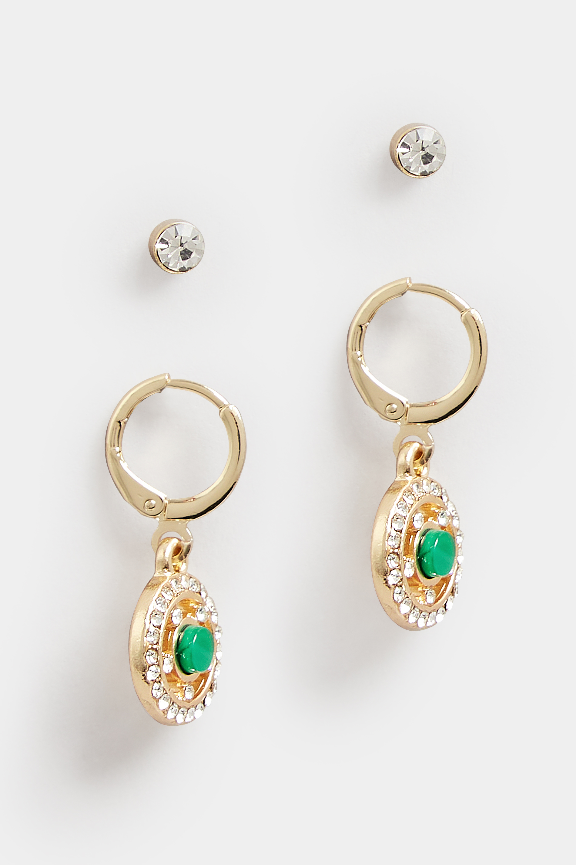 Gold & Green Diamante Stud Drop Earrings | Yours Clothing  3