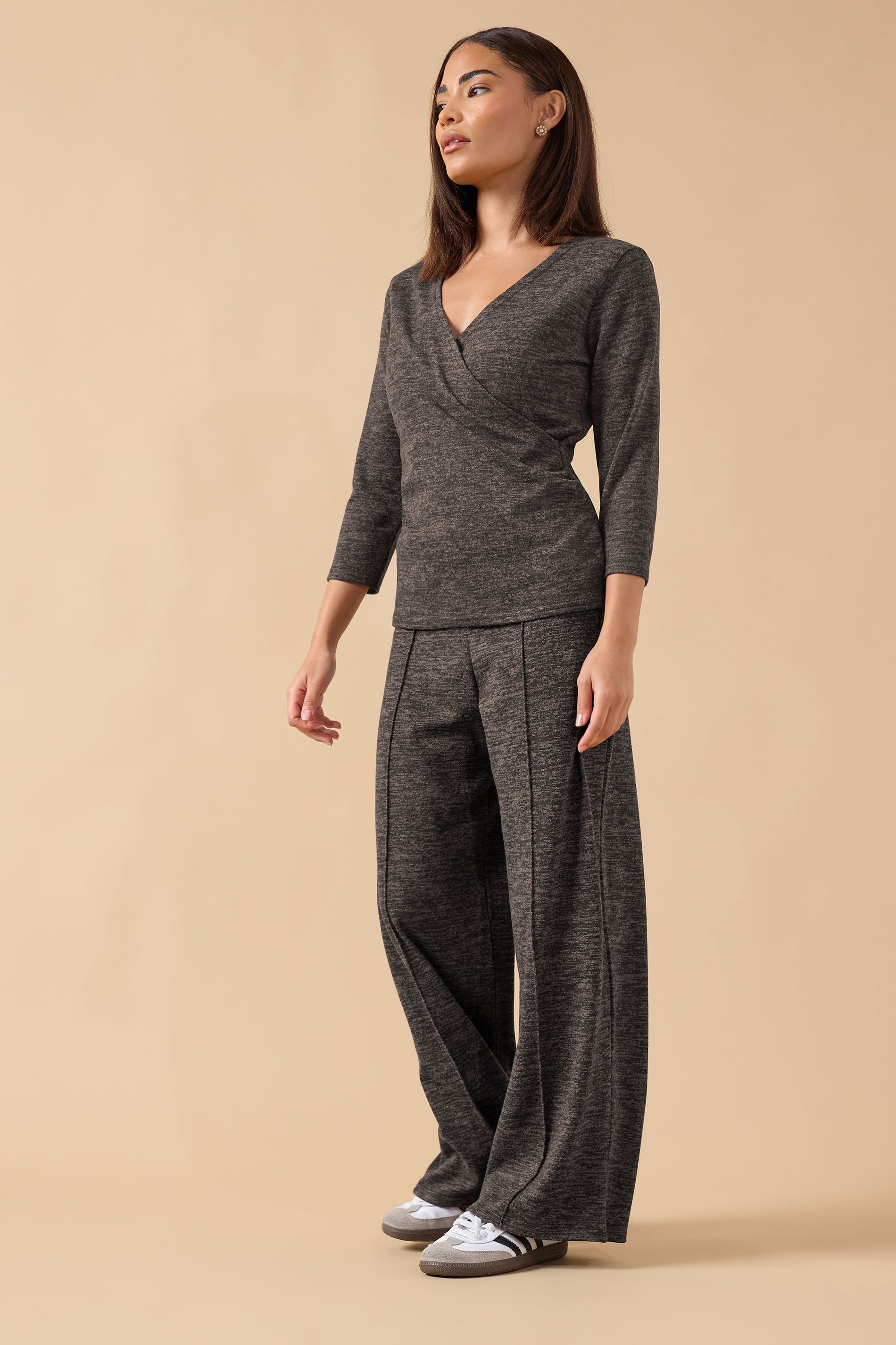 PixieGirl Petite Women's Chocolate Brown Marl Wide Leg Trouser | PixieGirl 1