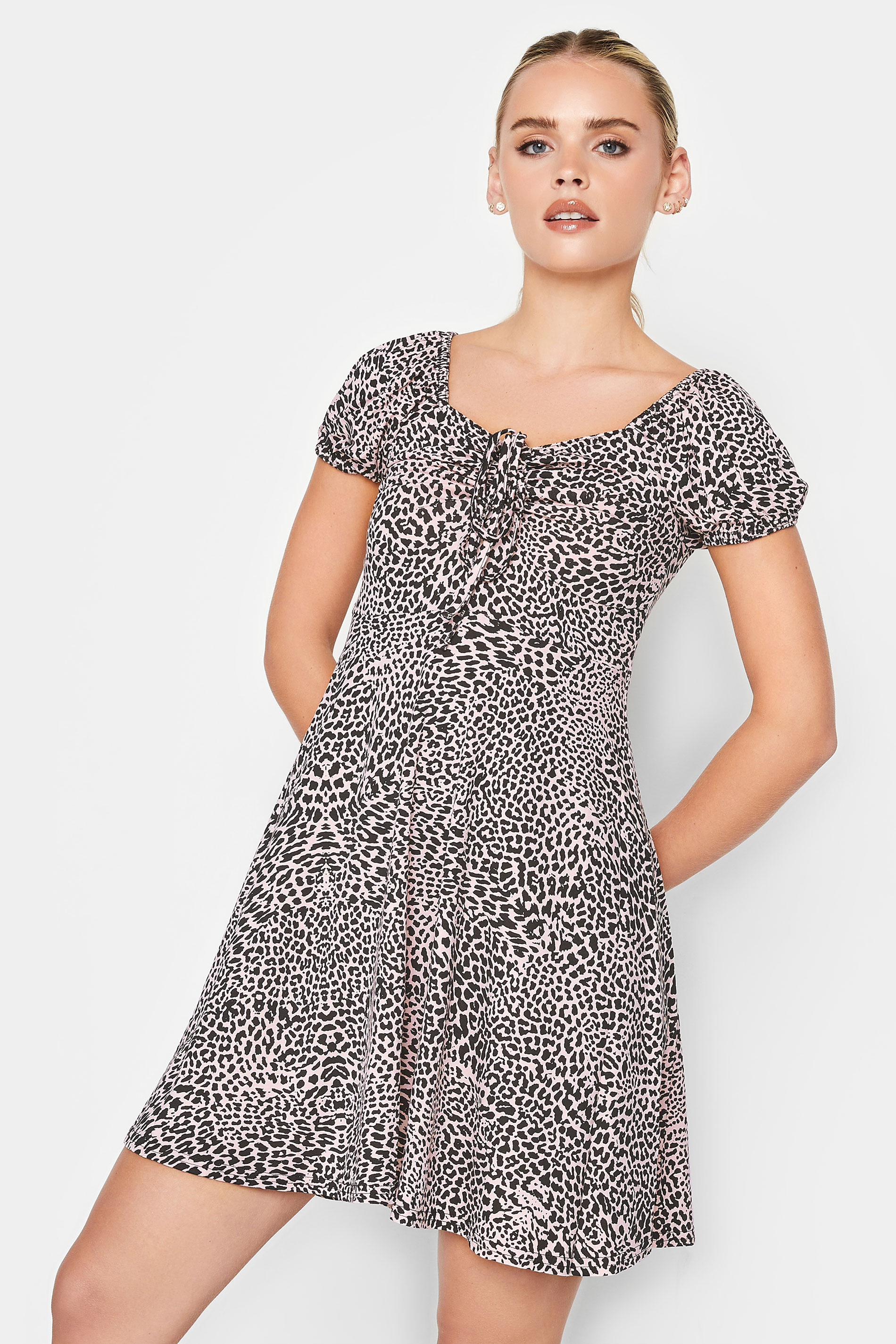 Petite Light Pink Leopard Print Tea Dress | PixieGirl  1