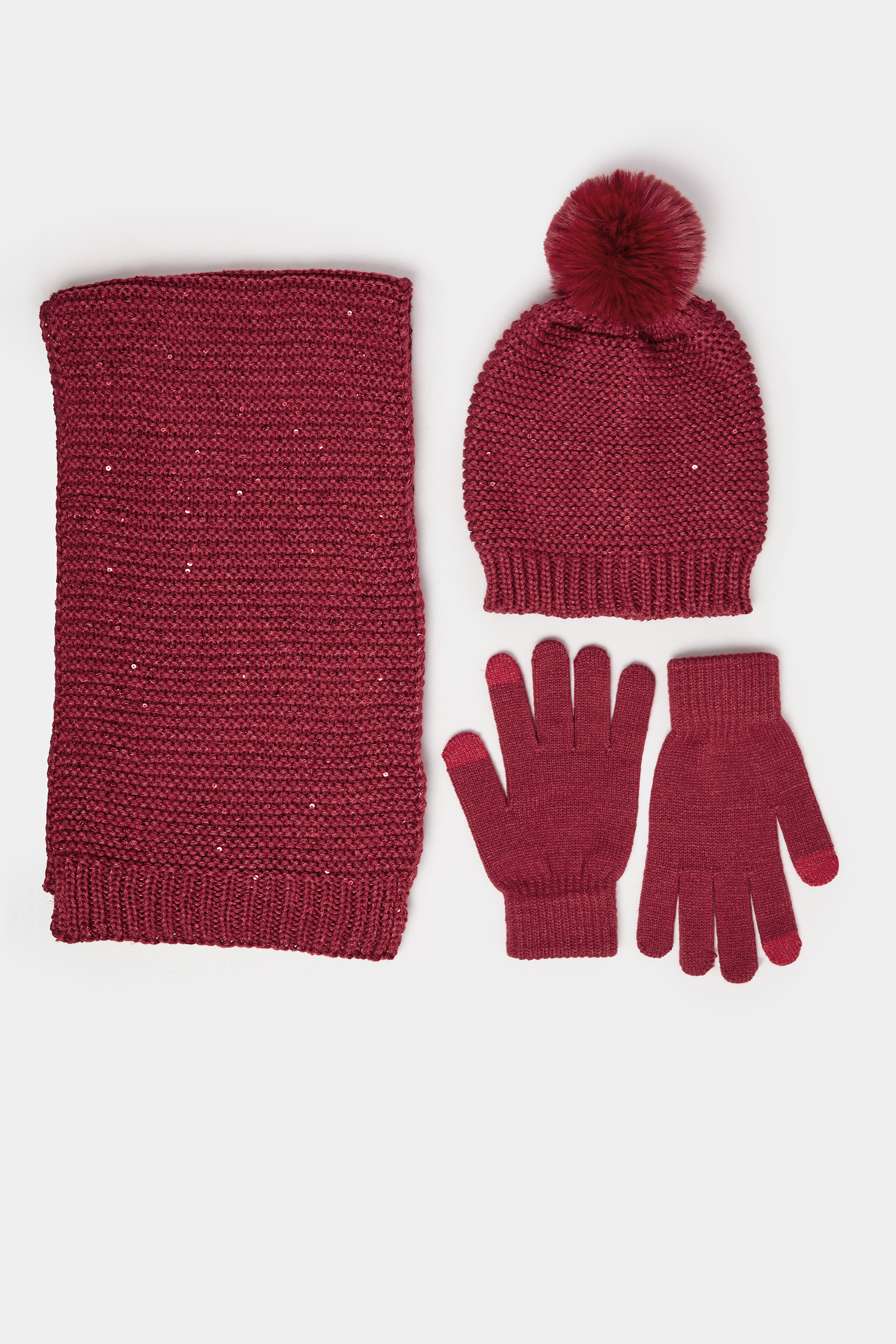Red Sequin Knitted Hat Gloves & Scarf Set | Yours Clothing 2