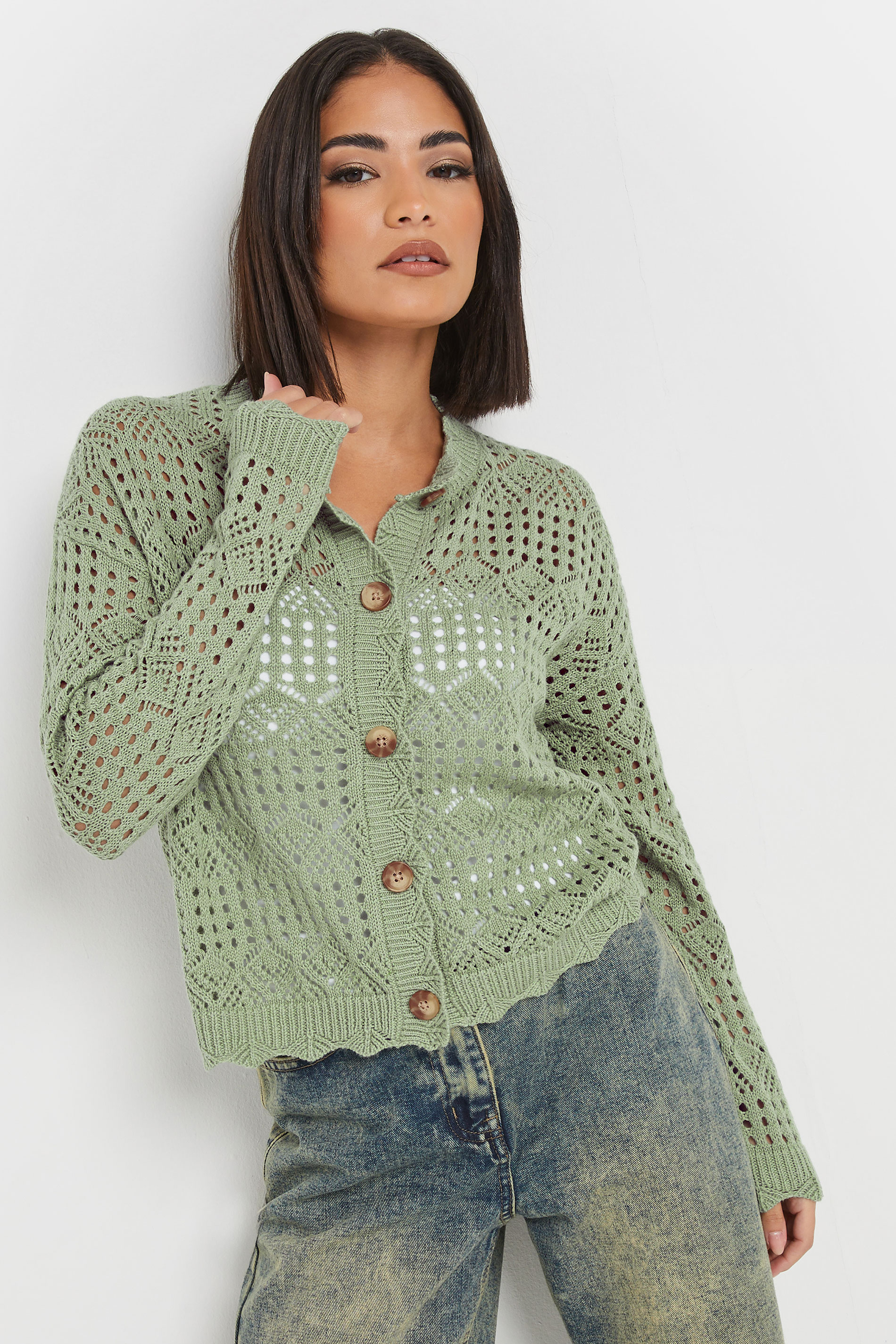 PixieGirl Sage Green Crochet Button Cardigan 1