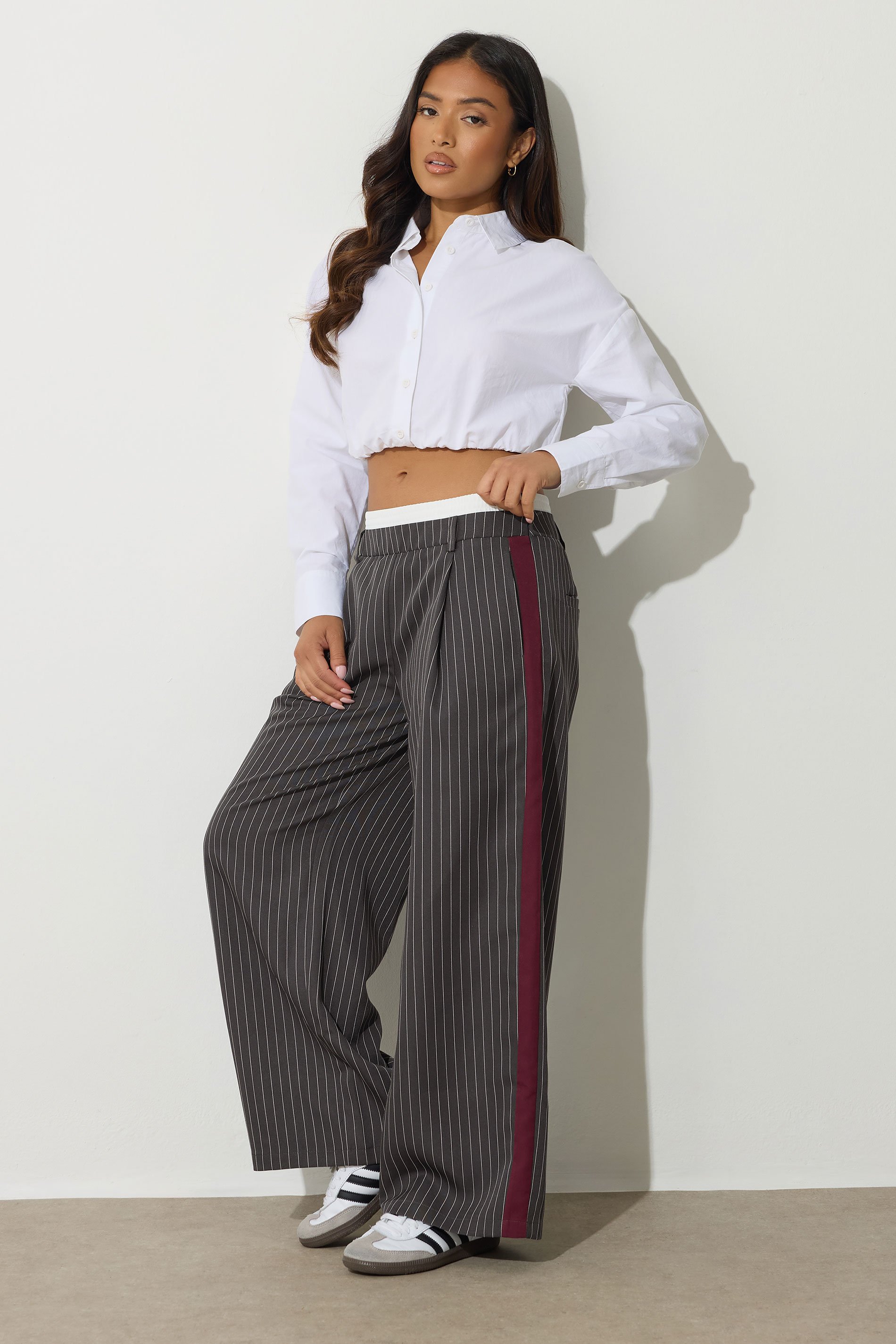 PixieGirl Petite Women's Grey Pinstripe Wide Leg Trouser | PixieGirl 1