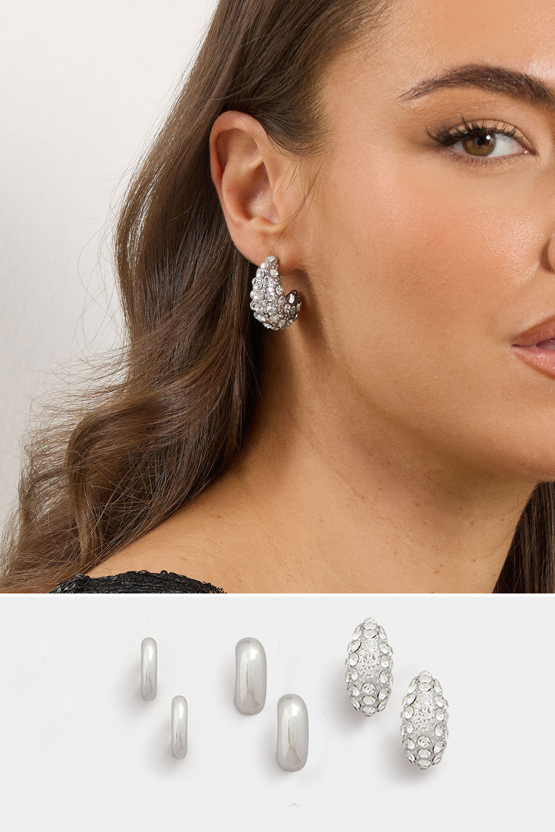 3 PACK Silver Tone Diamante Polished Hoop Earring Set | Yours Clothing 1