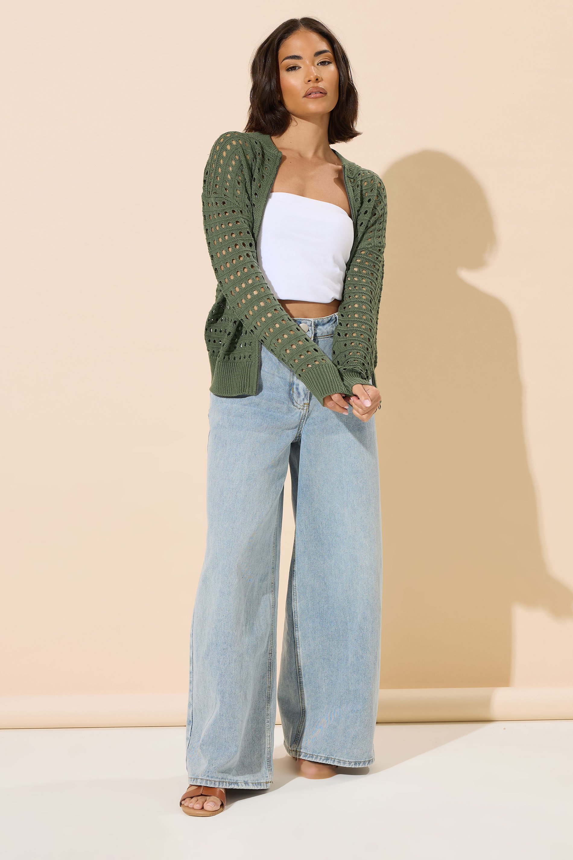 PixieGirl Petite Women's Khaki Green Crochet Knit Bomber Jacket | PixieGirl 2