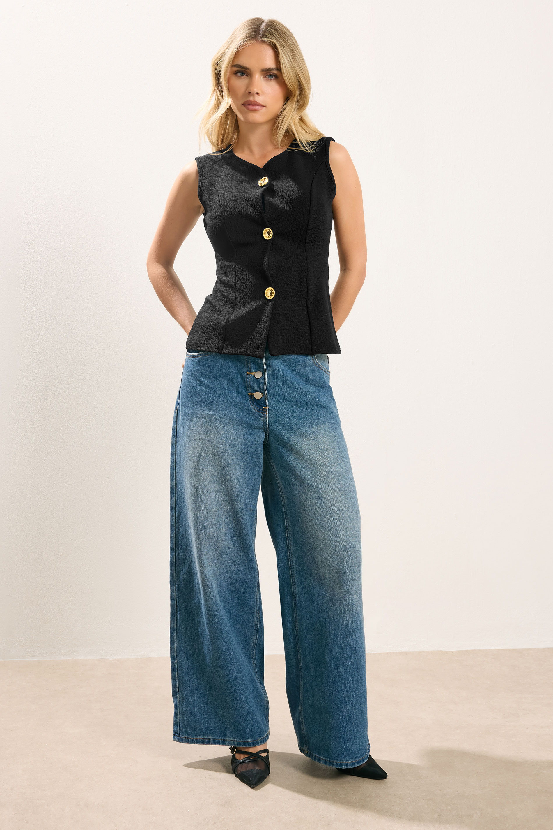 PixieGirl Petite Women's Black Button Sleeveless Top | PixieGirl 2