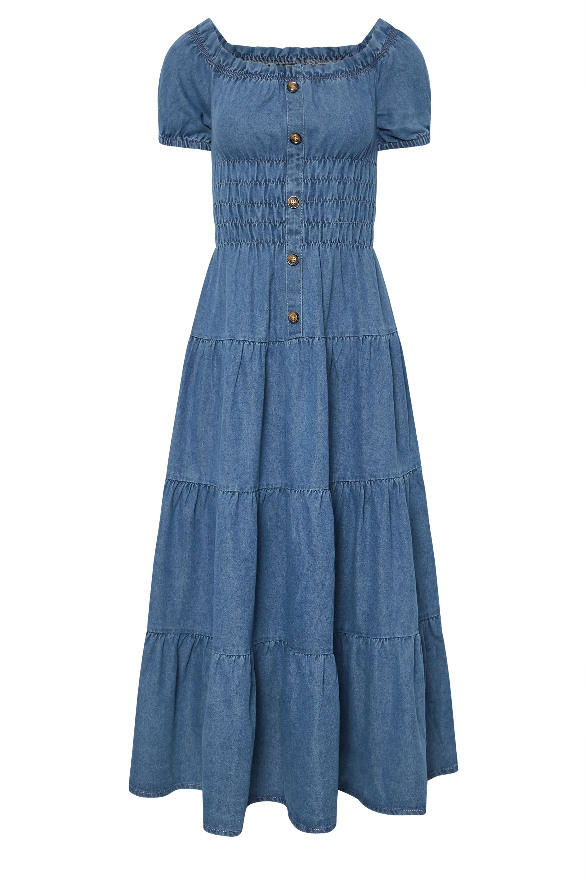 PixieGirl Petite Women's Blue Denim Tiered Bardot Maxi Dress | PixieGirl 6
