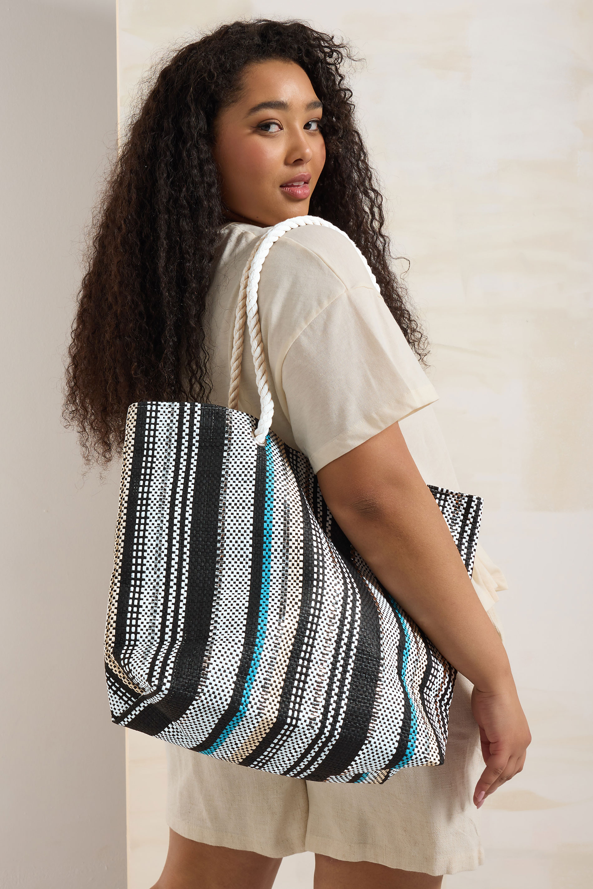 Black Woven Stripe Tote Bag | Yours Clothing 1