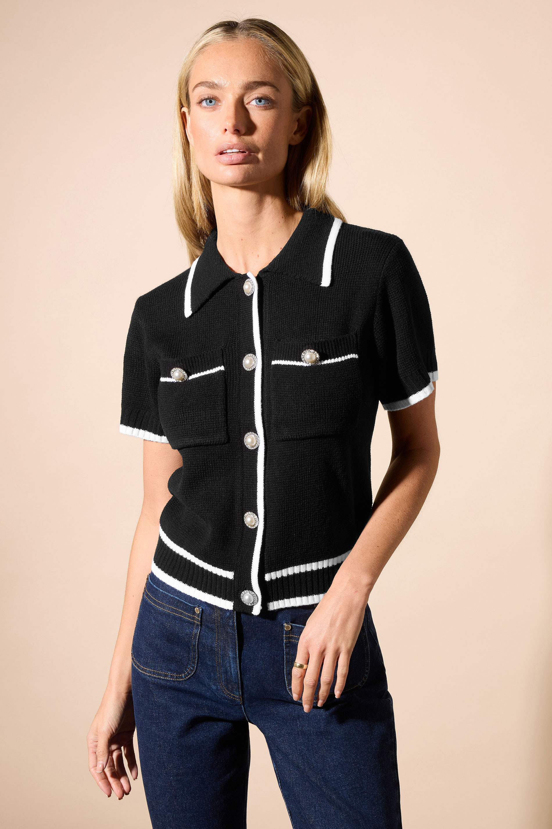 STAR Black Knitted Contrast Pearl Button Cardigan | StarByJM 4