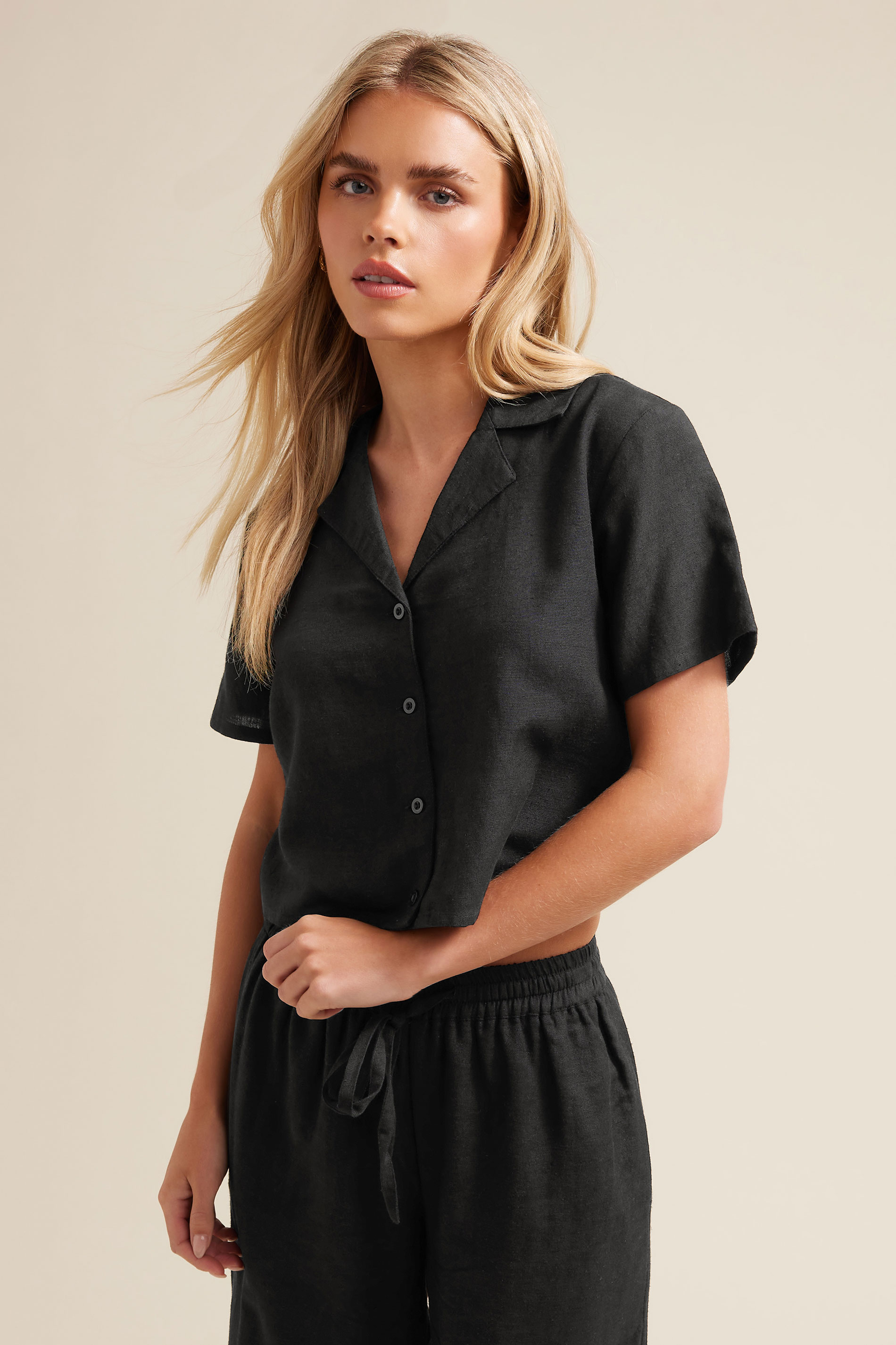 PixieGirl Petite Women's Black Linen Cropped Short Sleeve Shirt | PixieGirl 1