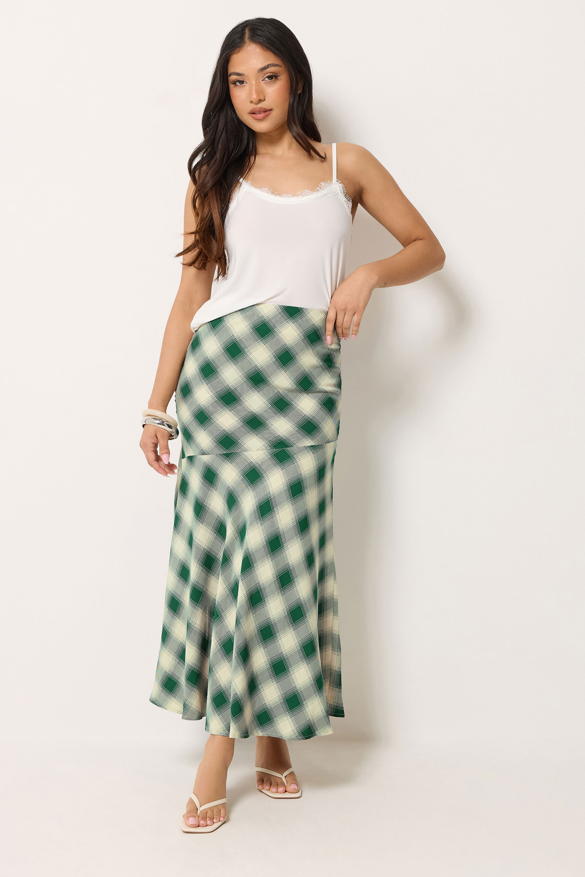 PixieGirl Petite Women's Dark Green Blurred Check Maxi Skirt | PixieGirl 3
