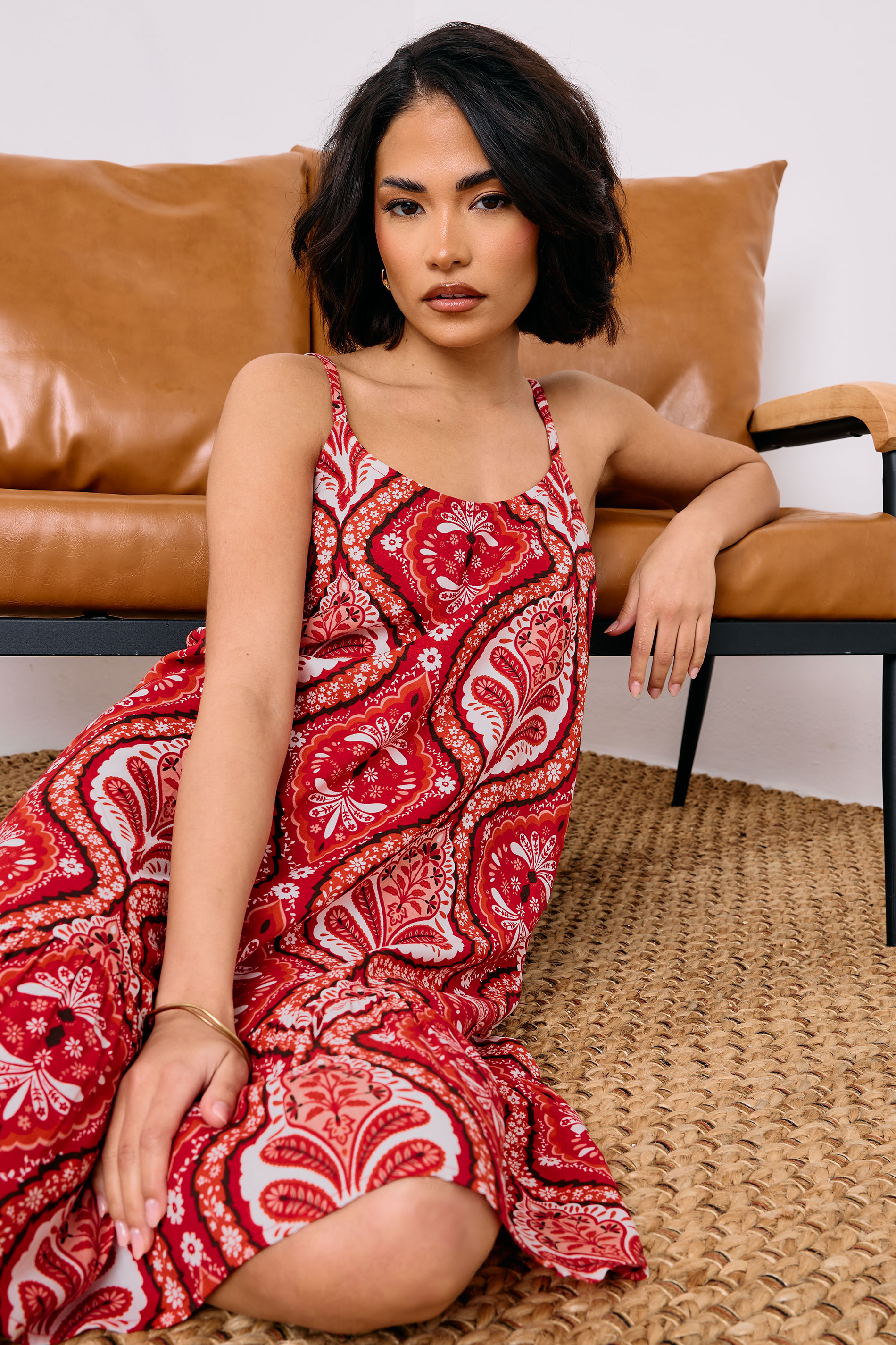 PixieGirl Petite Women's Red Paisley Print Slip Midi Dress | PixieGirl 3