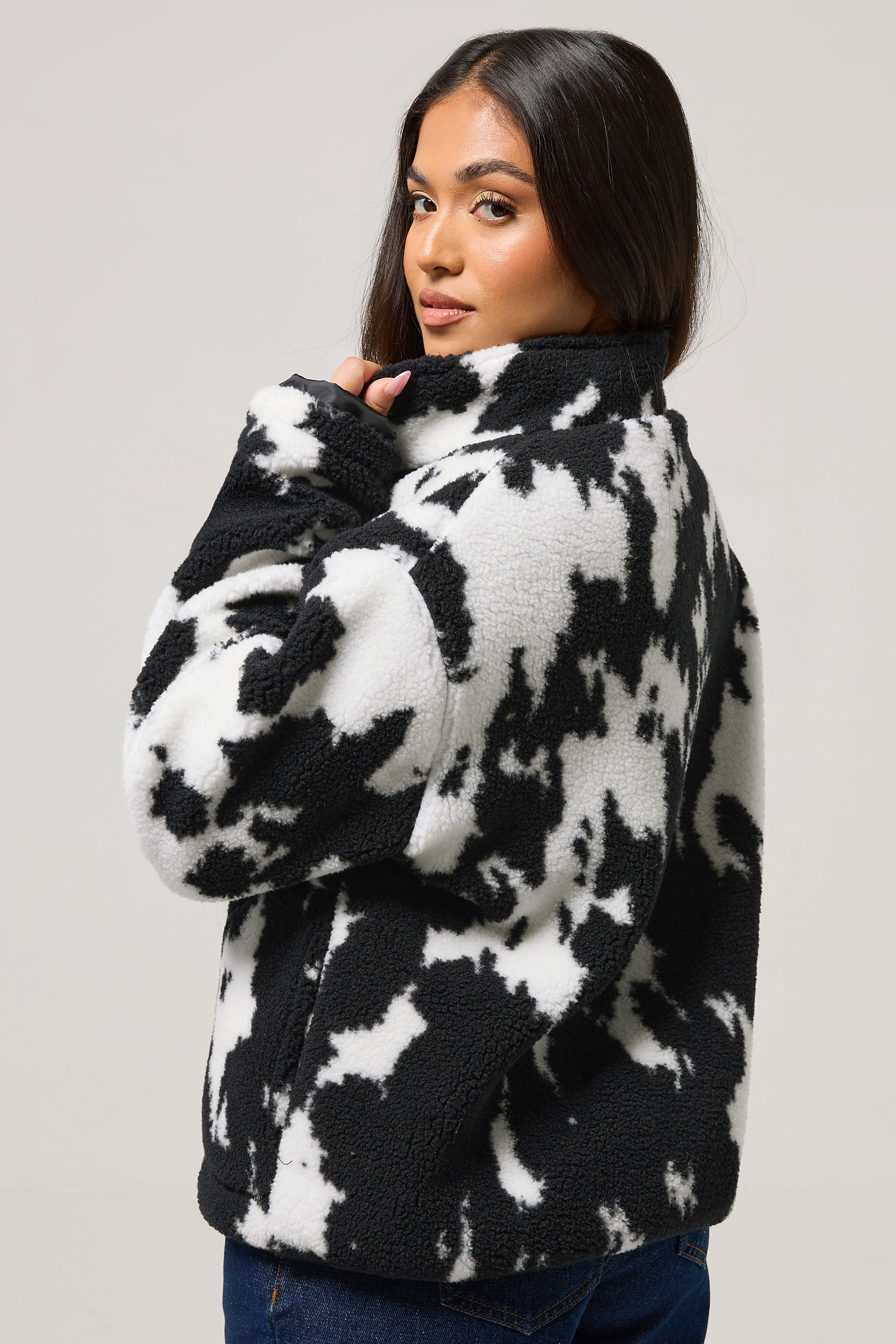 PixieGirl Petite Women's Black Cow Print Zip Fleece Jacket | PixieGirl 3