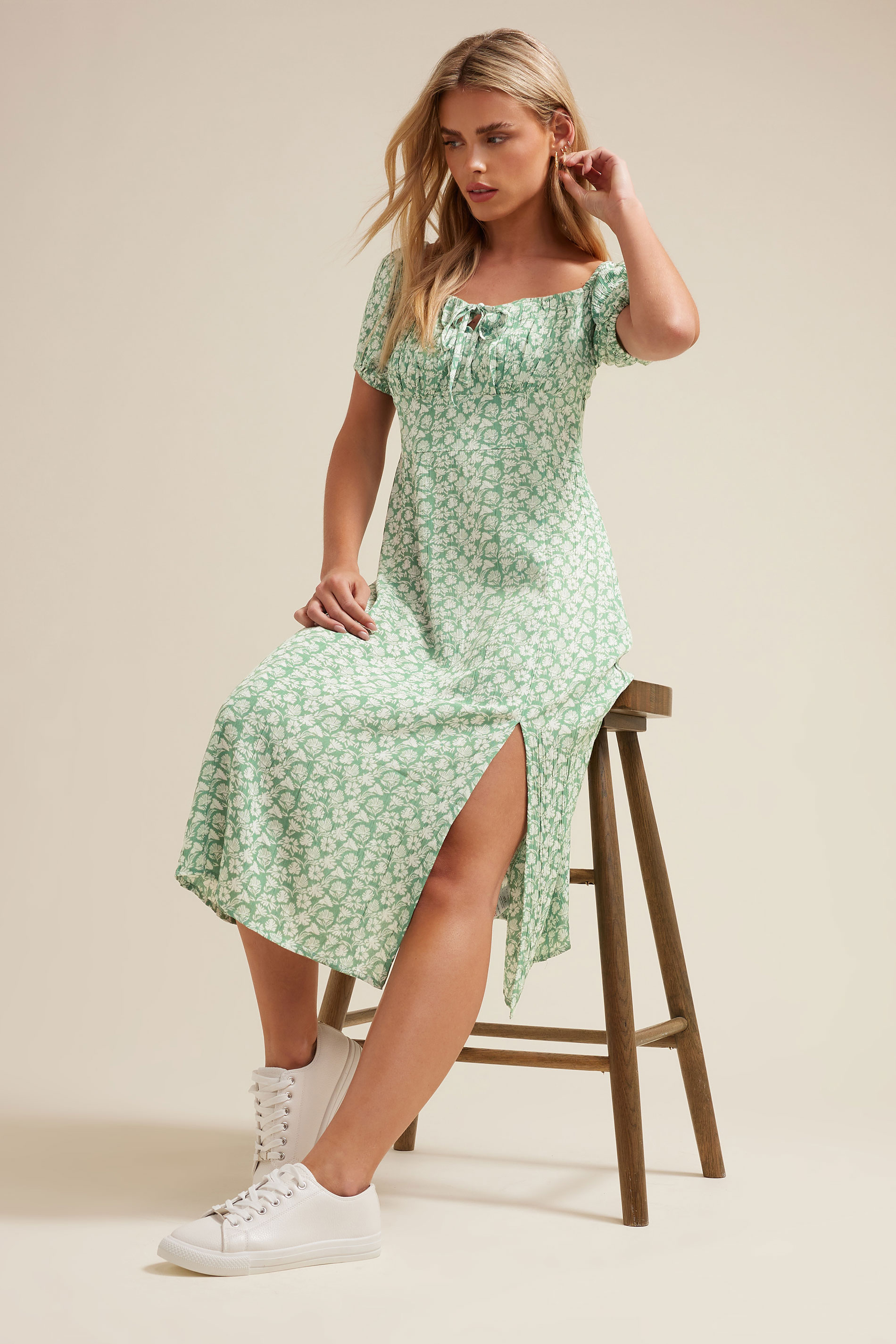 PixieGirl Petite Women's Mint Green Floral Tie Front Midi Dress | PixieGirl 3