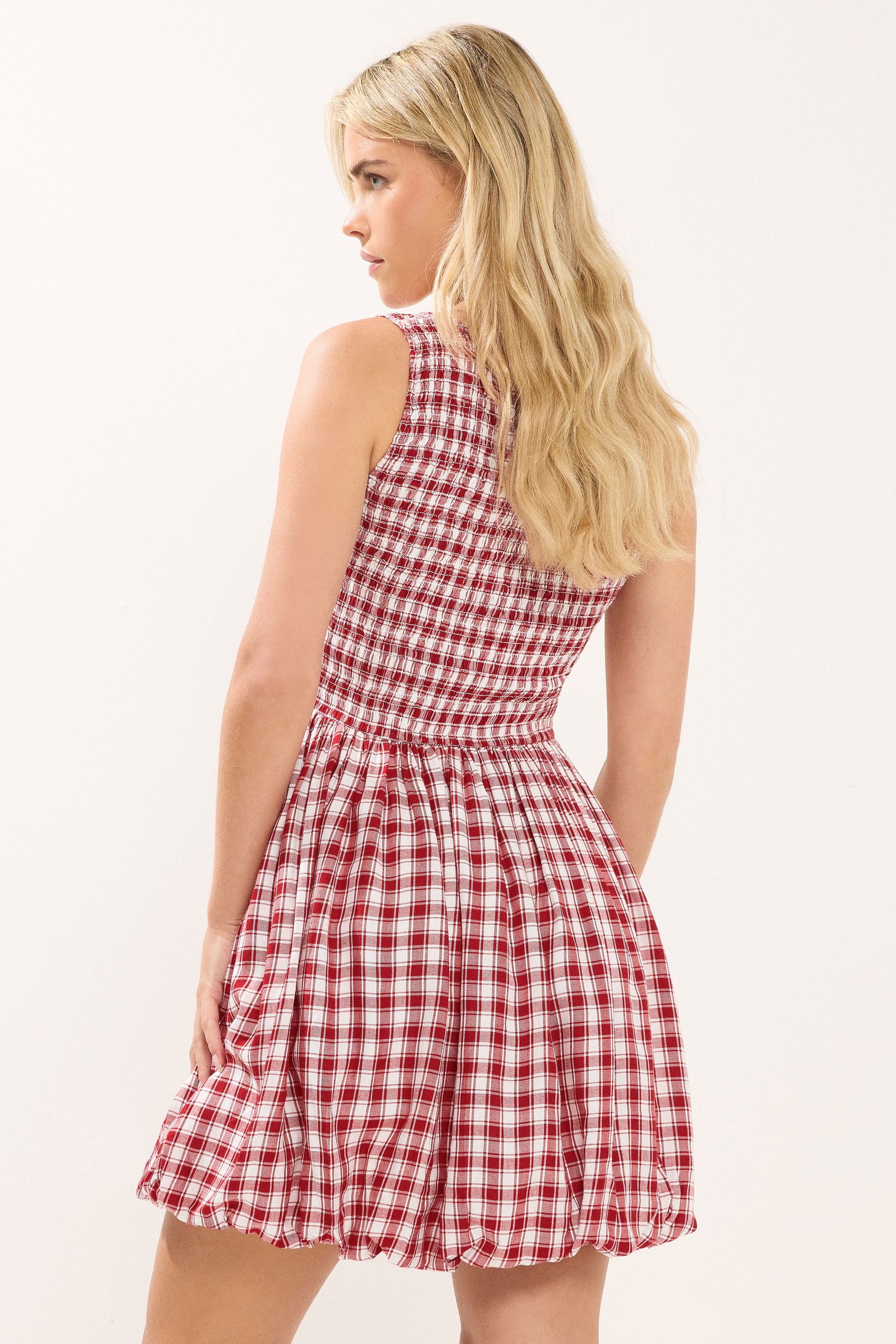 PixieGirl Petite Women's Red Gingham Shirred Bubble Hem Mini Dress | PixieGirl 5