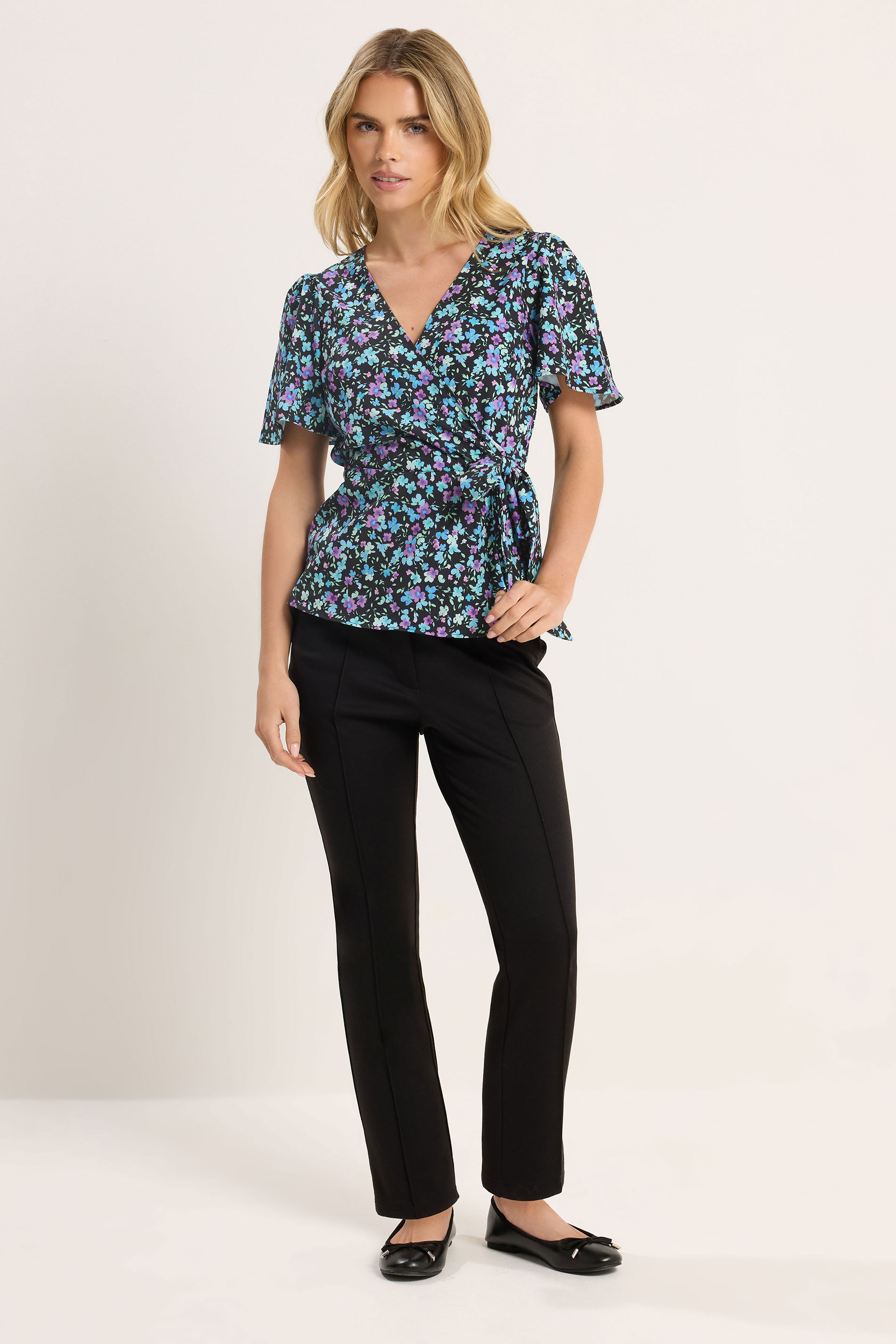 M&Co Petite Black Ditsy Print Wrap Blouse | M&Co 1