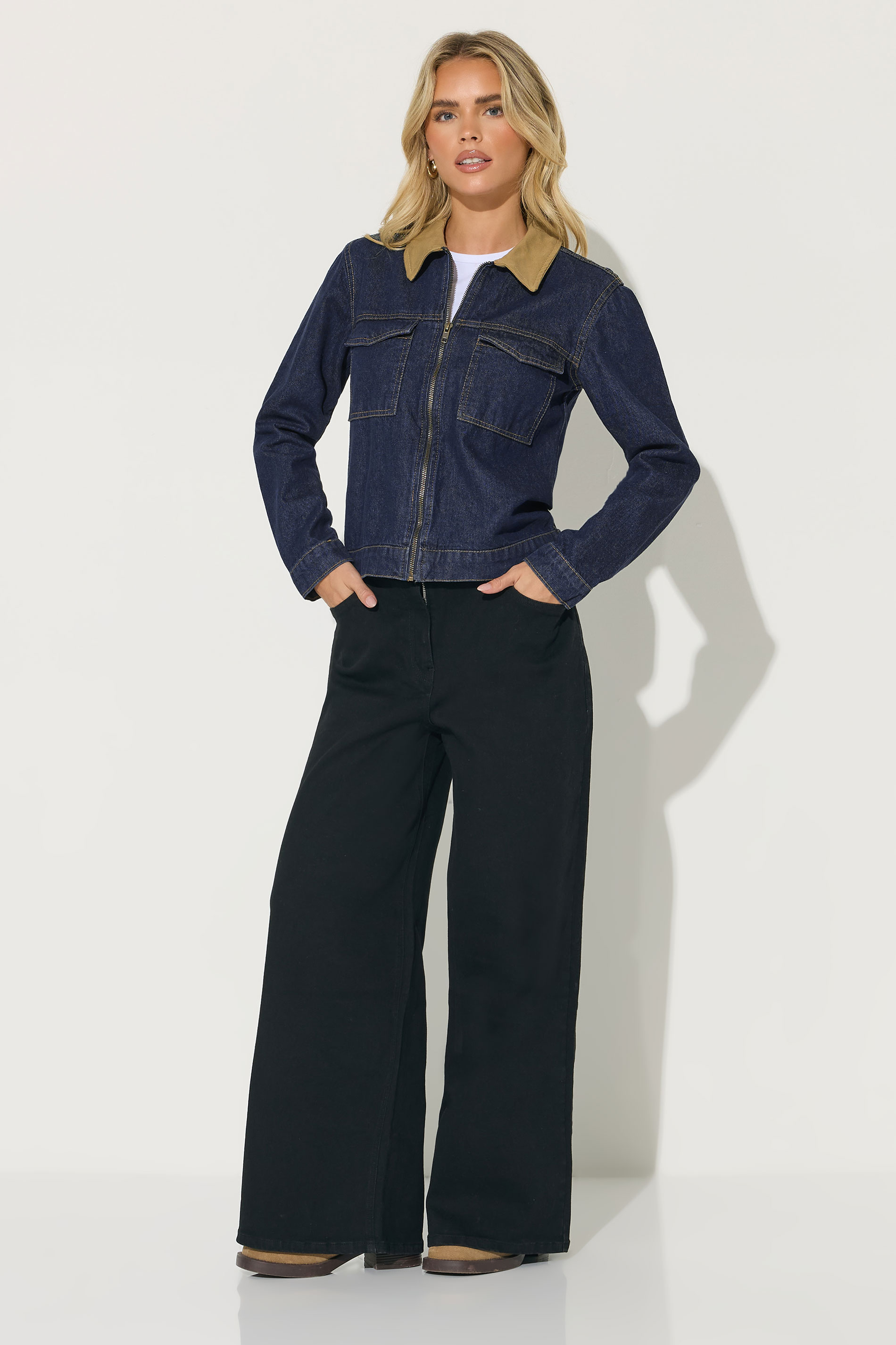 PixieGirl Petite Women's Indigo Blue Contrast Collar Trucker Jacket | PixieGirl 2