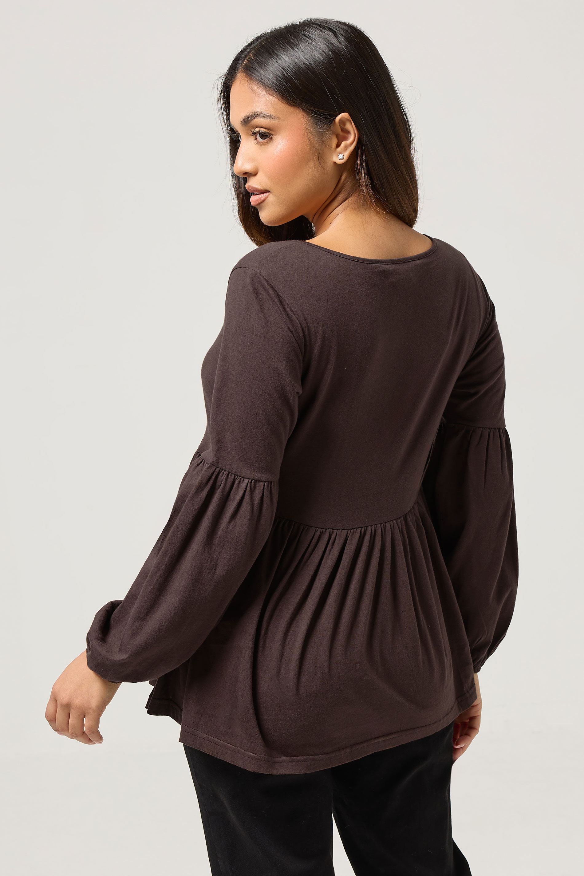 PixieGirl Petite Women's Chocolate Brown Tie Front Smock Top | PixieGirl 3