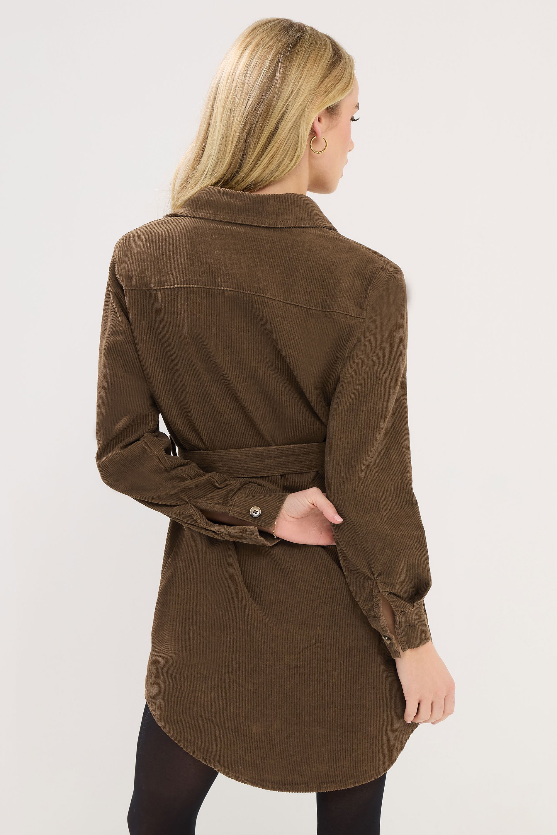 PixieGirl Petite Women's Chocolate Brown Cord Belted Midi Dress | PixieGirl 3