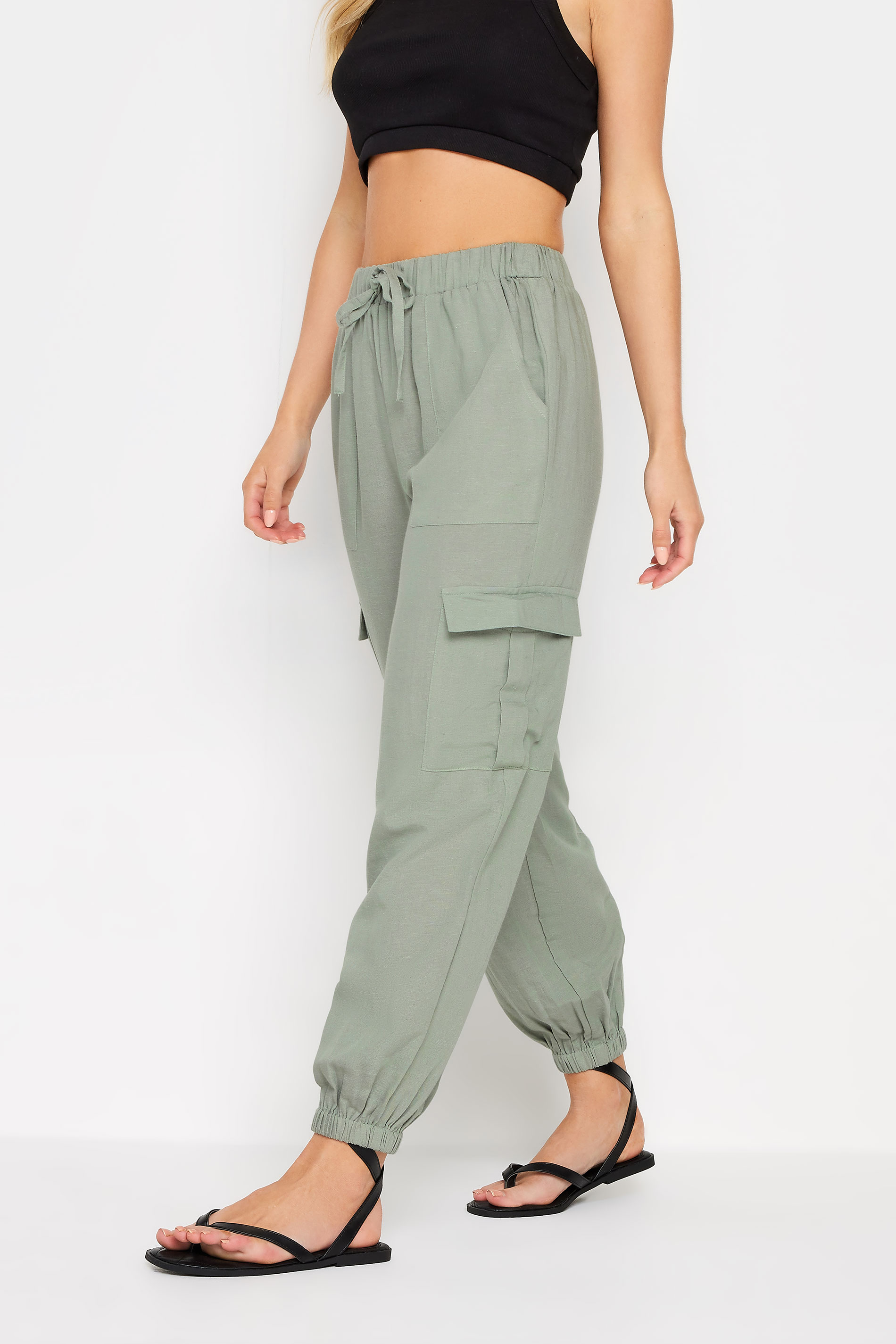 PixieGirl Petite Womens Sage Green Linen Cuffed Cargo Trousers | PixieGirl 3