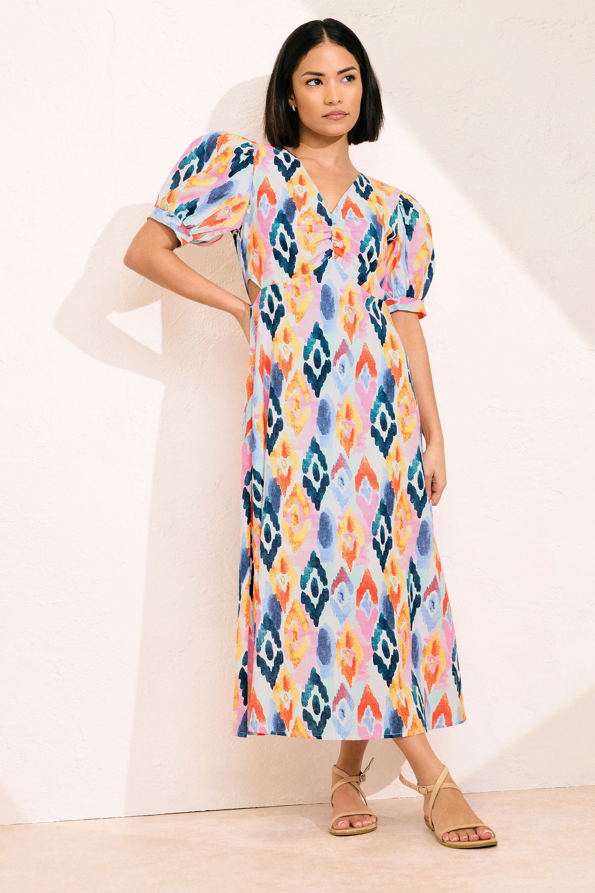 PixieGirl Petite Women's Pink Linen Abstract Puff Sleeve Midaxi Dress | PixieGirl 1