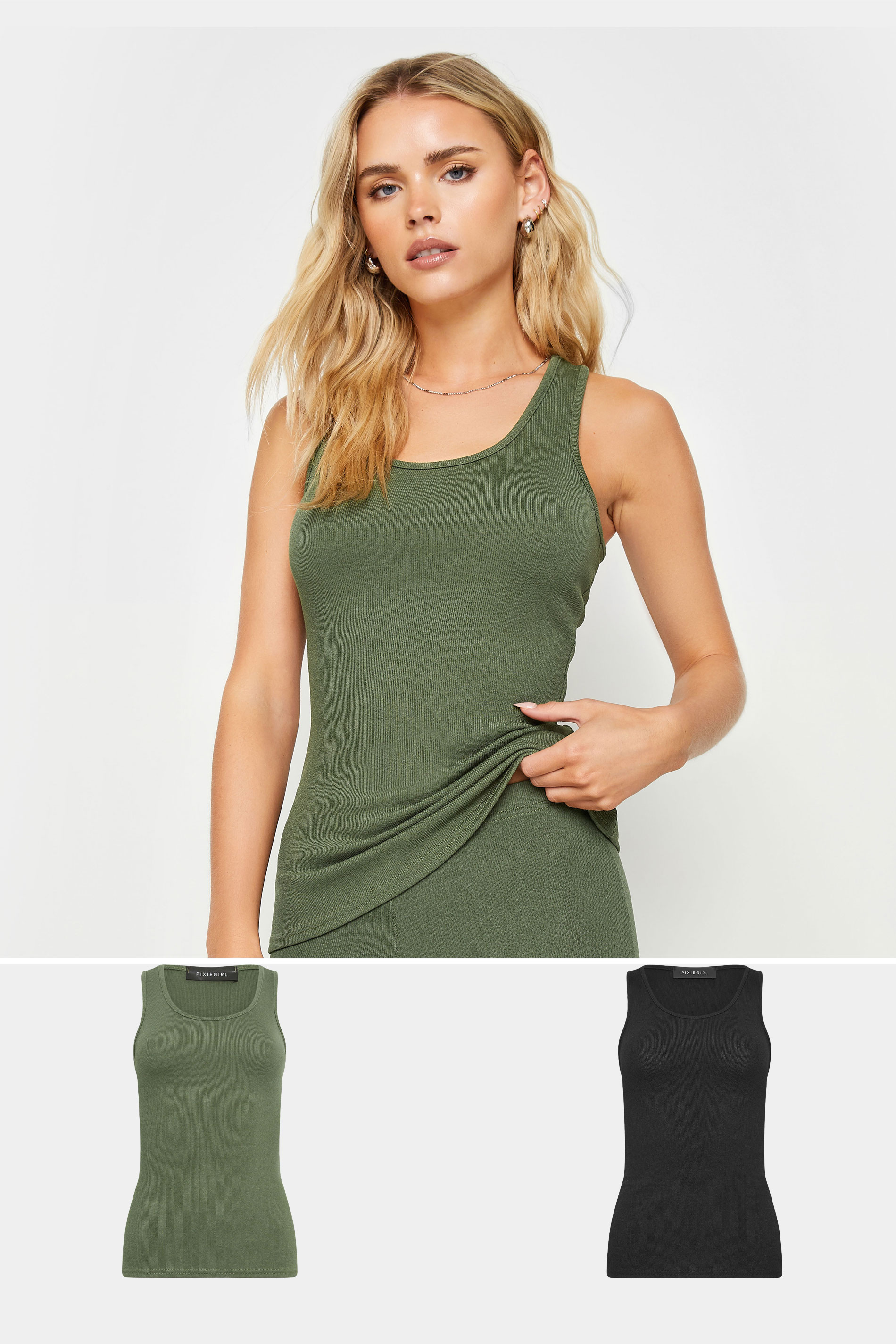 PixieGirl Petite Women's 2 PACK Khaki Green & Black Ribbed Racer Back Vest Tops | PixieGirl 1