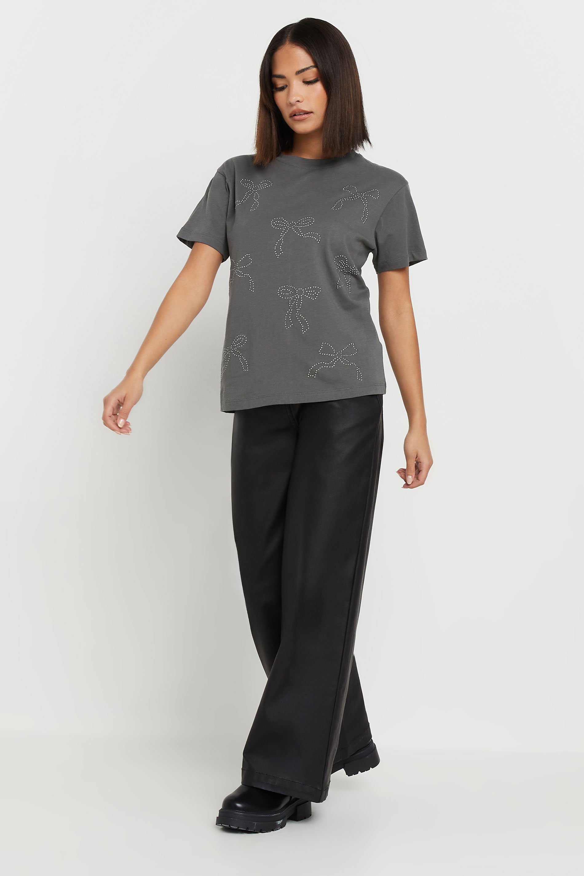 PixieGirl Petite Women's Charcoal Grey Bow Studded T-Shirt | PixieGirl 3