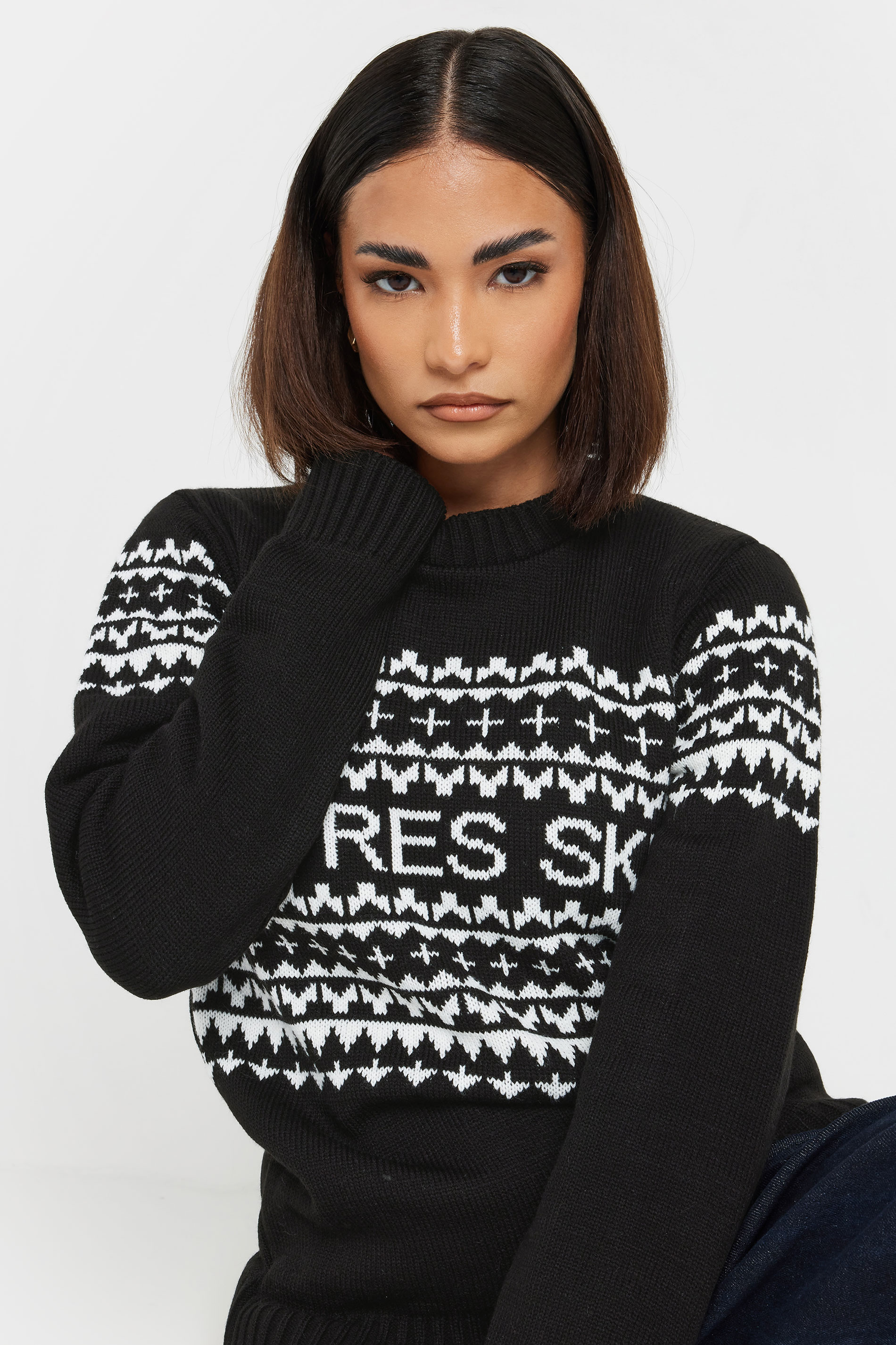 PixieGirl Petite Women's Black Knitted 'Apres Ski' Slogan Jumper | PixieGirl 3