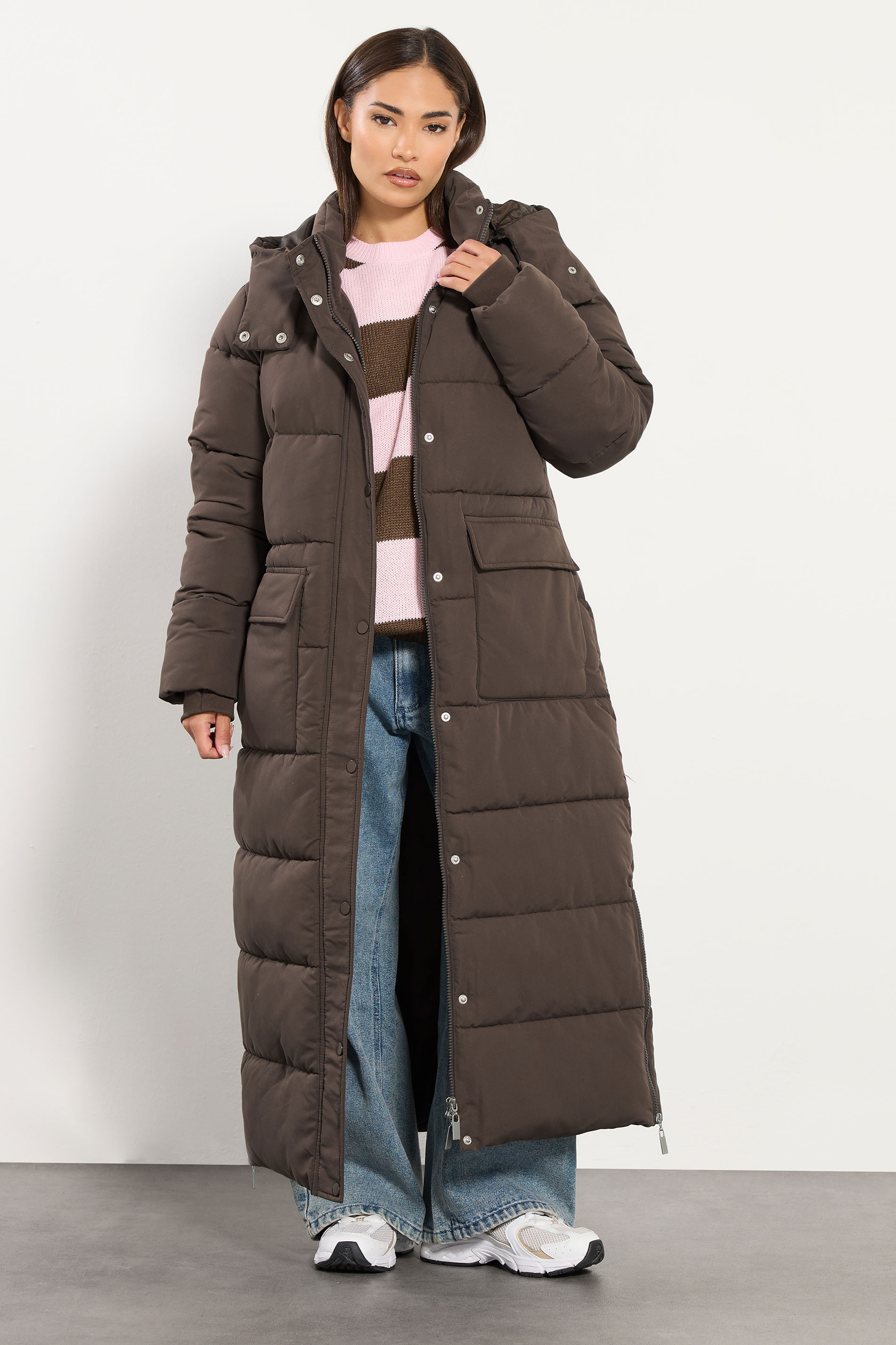 PixieGirl Petite Womens Chocolate Brown Maxi Padded Puffer Coat | PixieGirl 2