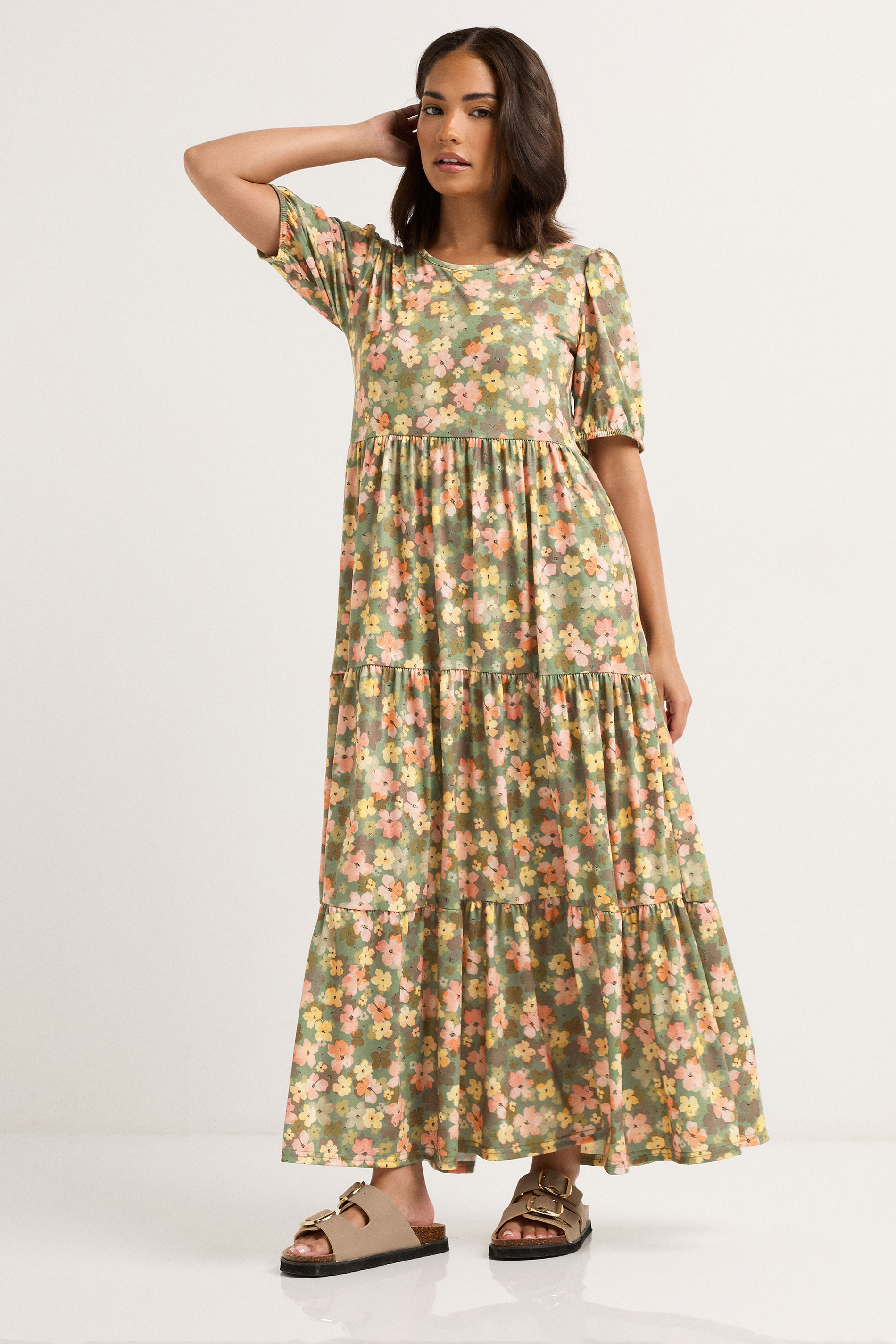 PixieGirl Petite Women's Green Floral Tiered Maxi Dress | PixieGirl 1