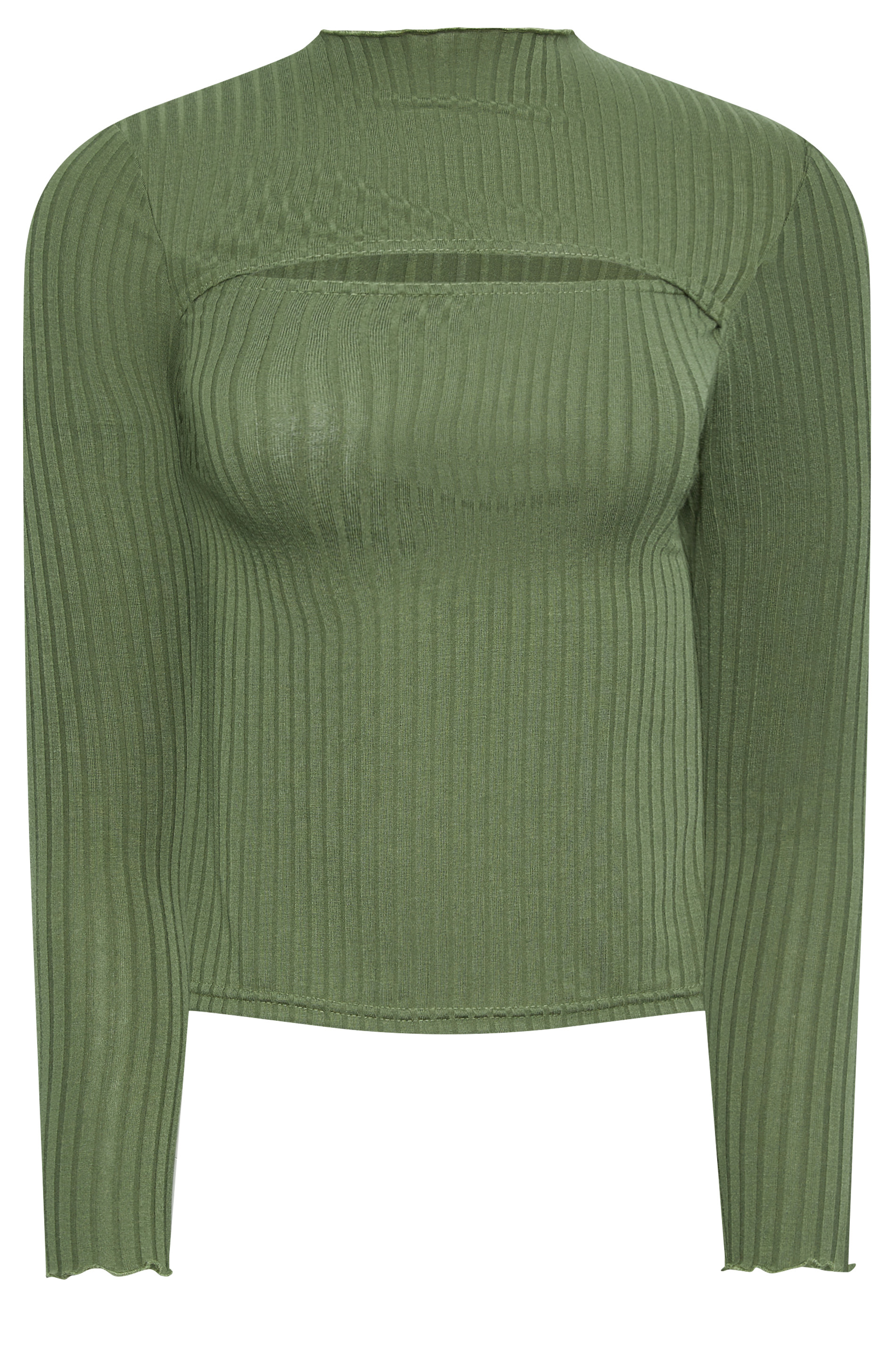 PixieGirl Khaki Green Lettuce Hem Cut Out Ribbed Top | PixieGirl  5