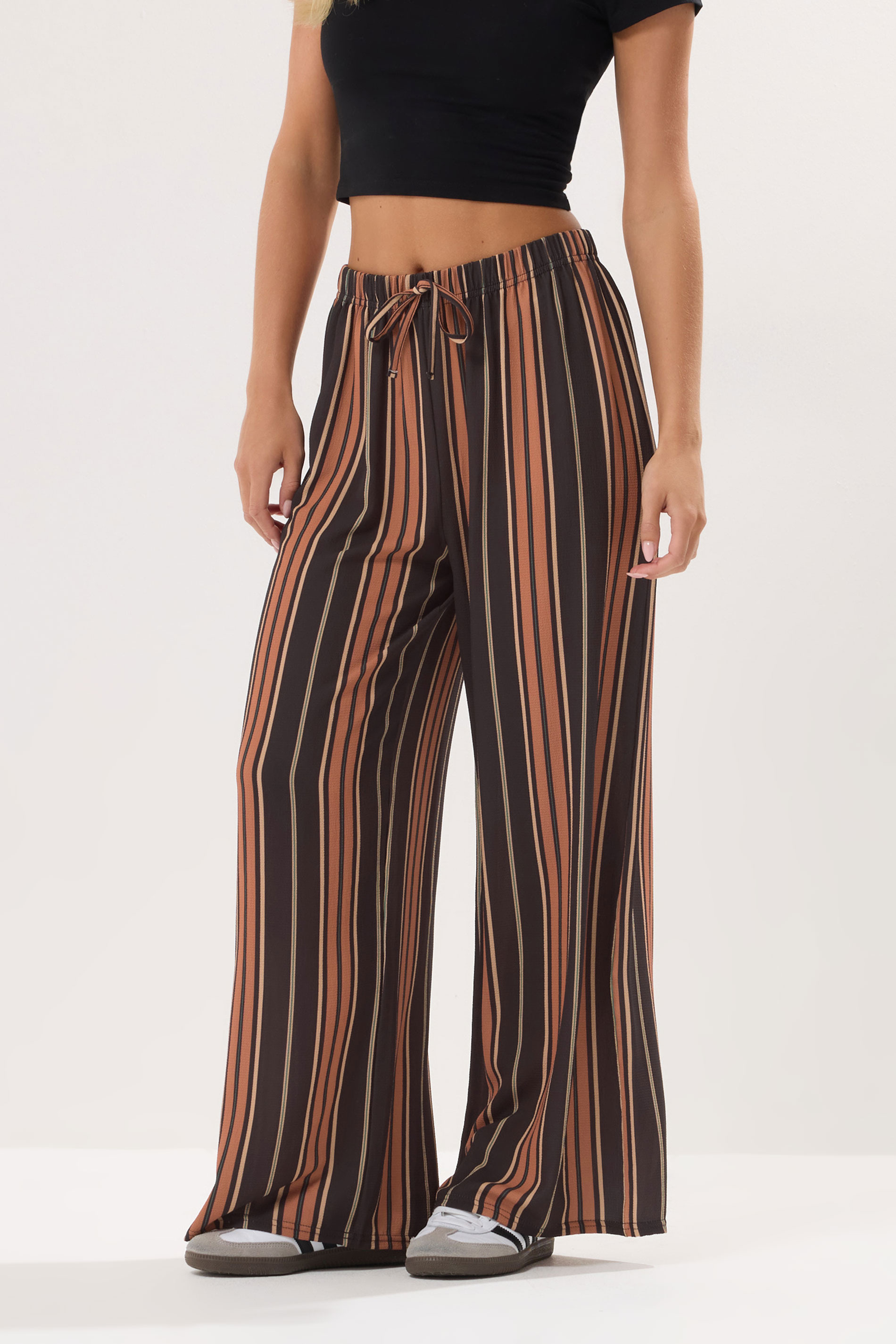 PixieGirl Petite Women's Orange Crepe Striped Wide Leg Trousers | PixieGirl 2